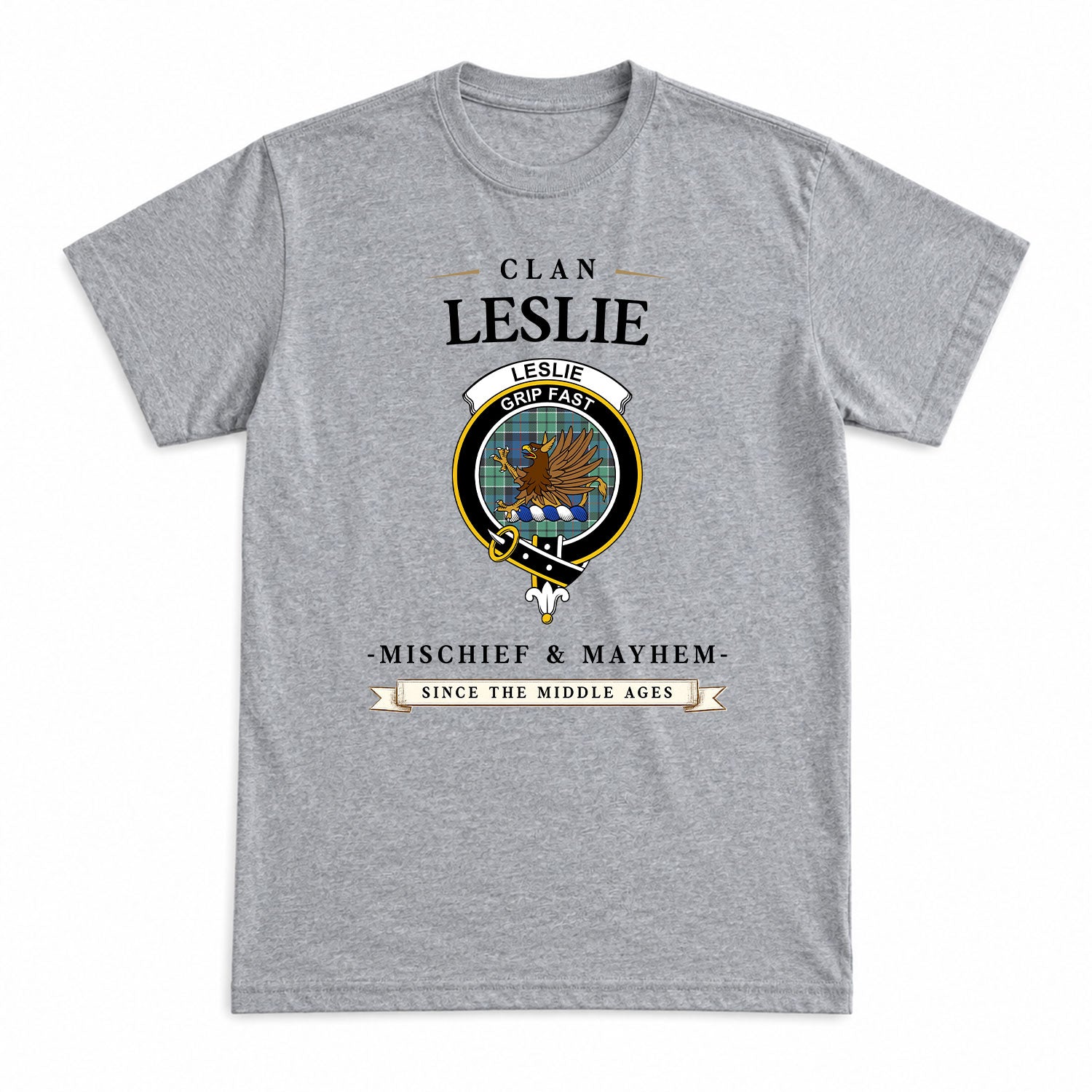Leslie Hunting Ancient Tartan Crest Mischief and Mayhem T-shirt