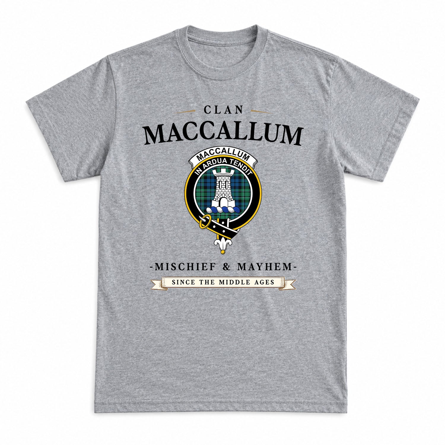 MacCallum Ancient Tartan Crest Mischief and Mayhem T-shirt