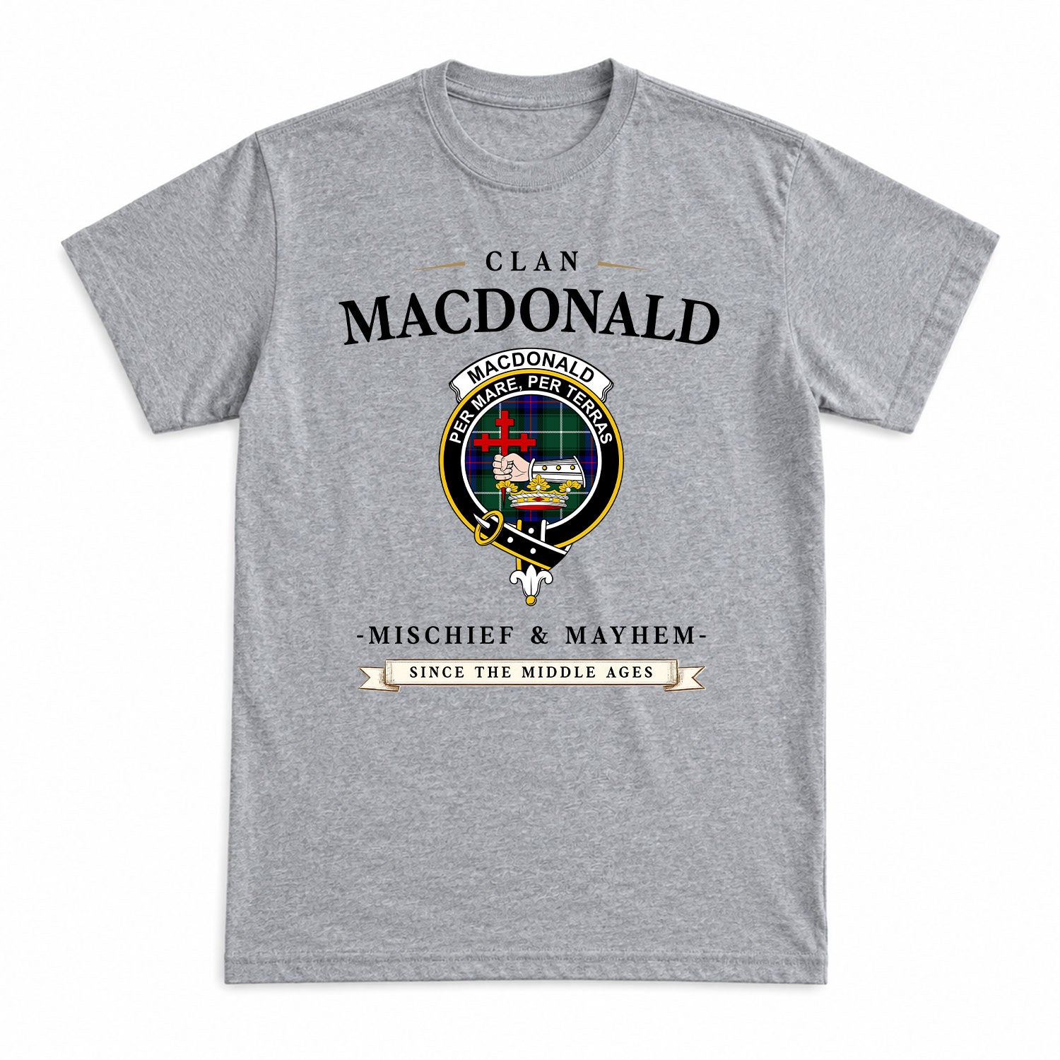 MacDonald of the Isles Hunting Modern Tartan Crest Mischief and Mayhem T-shirt