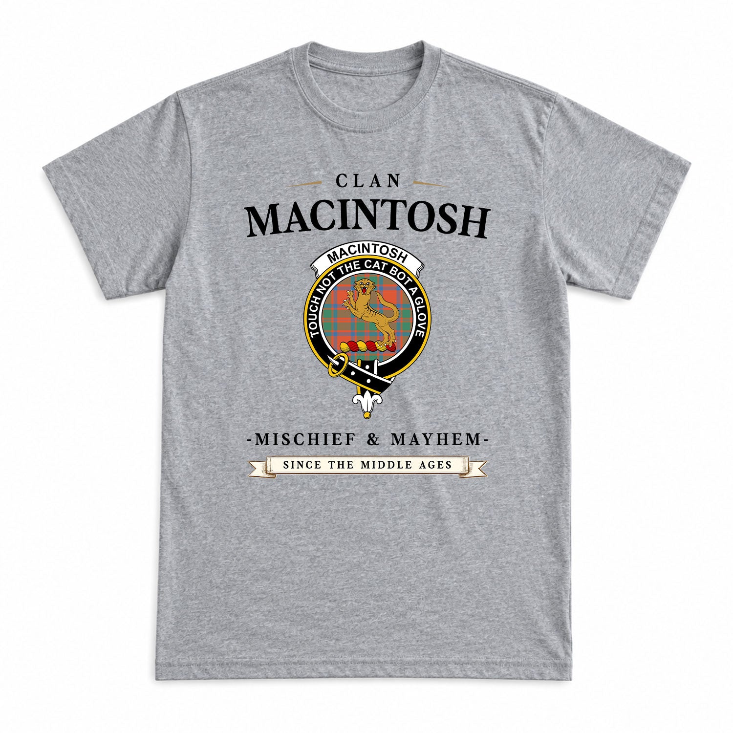 MacIntosh Ancient Tartan Crest Mischief and Mayhem T-shirt