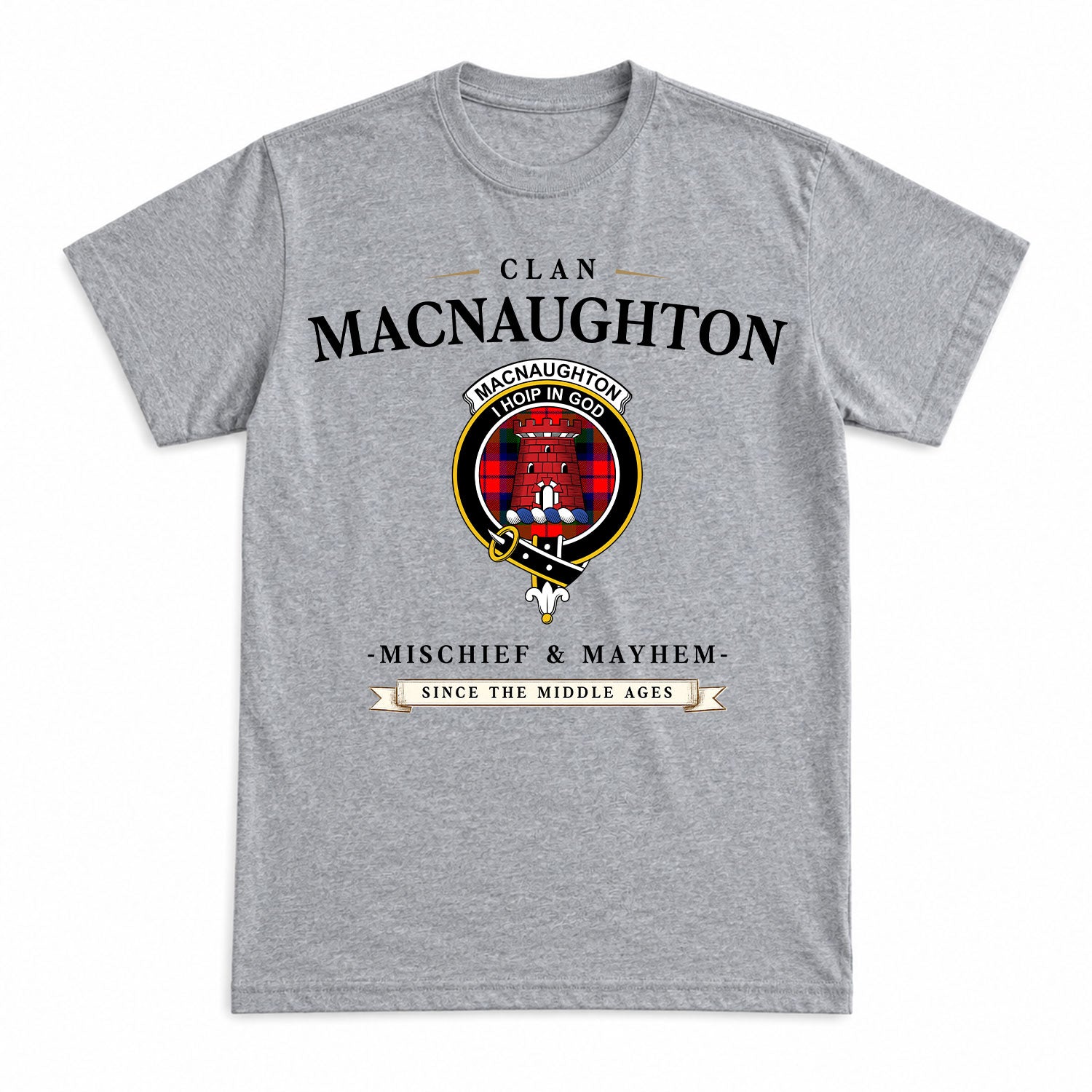 MacNaughton Modern Tartan Crest Mischief and Mayhem T-shirt