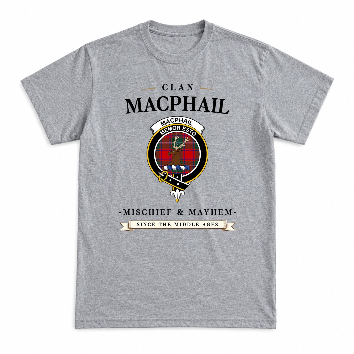 MacPhail Clan Tartan Crest Mischief and Mayhem T-shirt