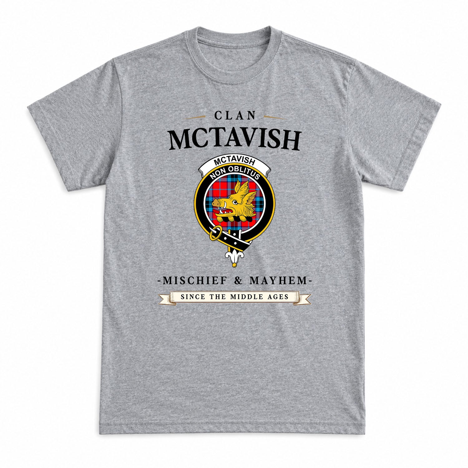 McTavish Modern Tartan Crest Mischief and Mayhem T-shirt