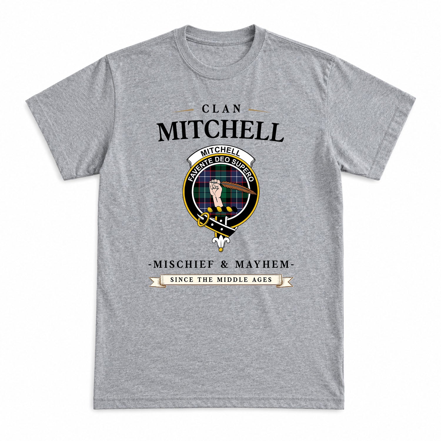 Mitchell Modern Tartan Crest Mischief and Mayhem T-shirt