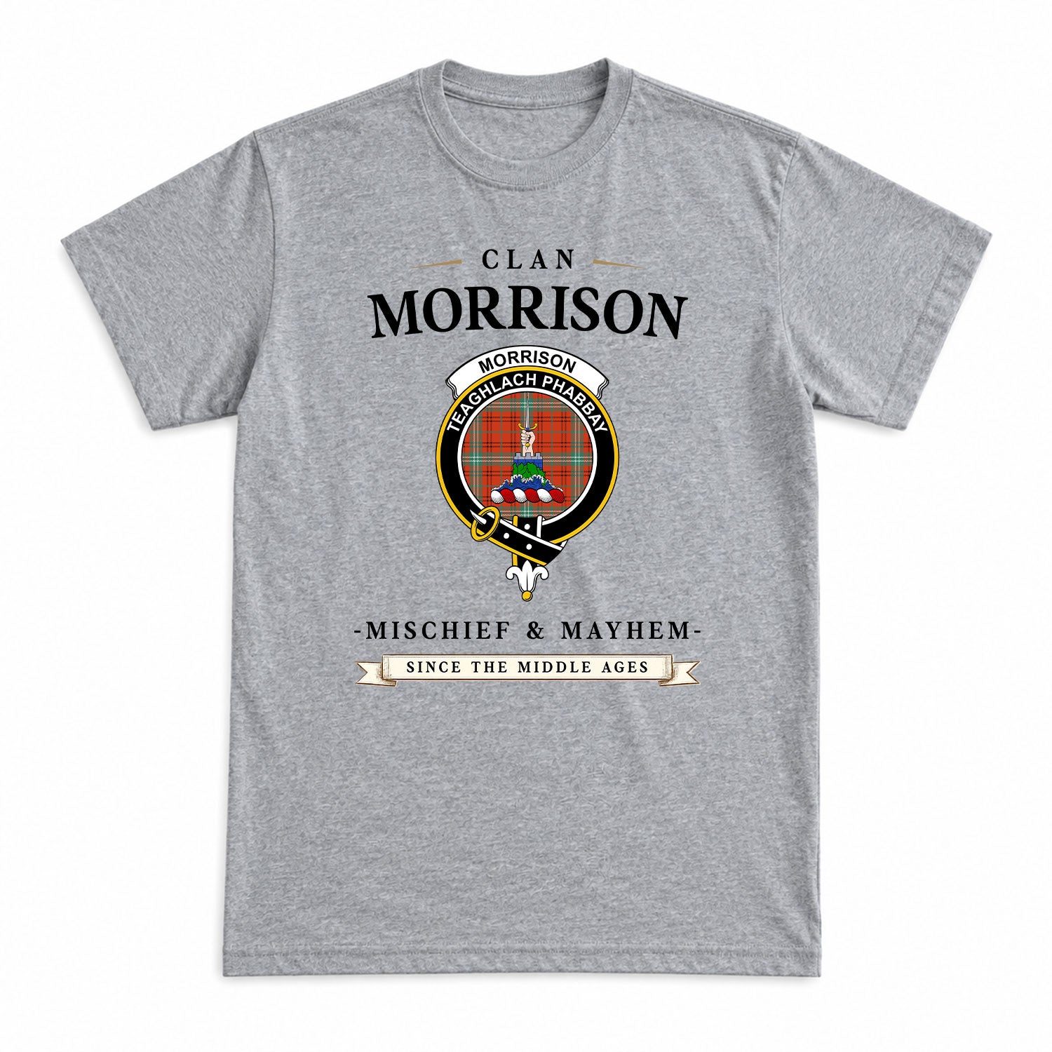 Morrison Red Ancient Tartan Crest Mischief and Mayhem T-shirt