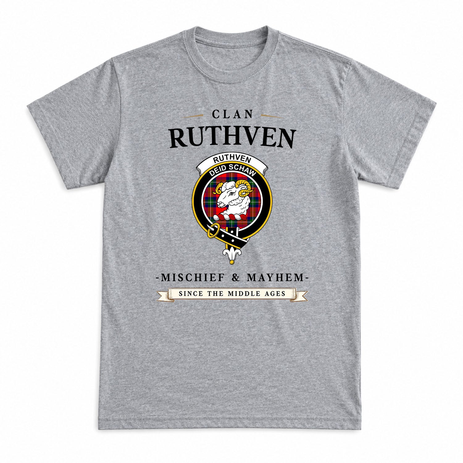 Ruthven Modern Tartan Crest Mischief and Mayhem T-shirt