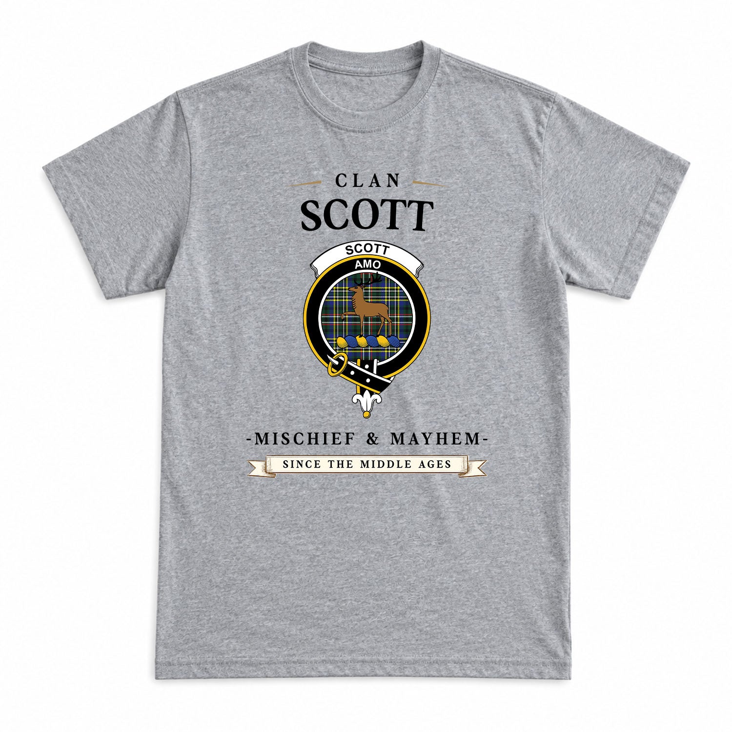 Scott Green Modern Tartan Crest Mischief and Mayhem T-shirt