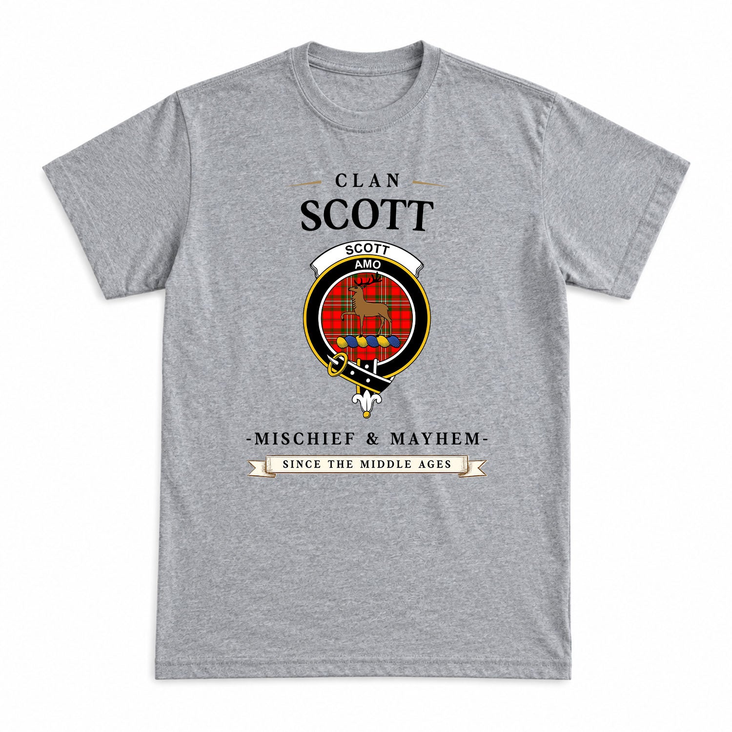 Scott Modern Tartan Crest Mischief and Mayhem T-shirt