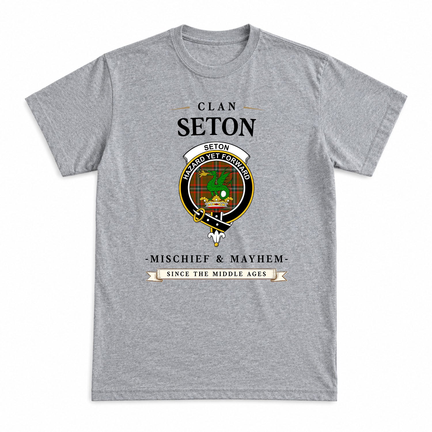 Seton Hunting Modern Tartan Crest Mischief and Mayhem T-shirt