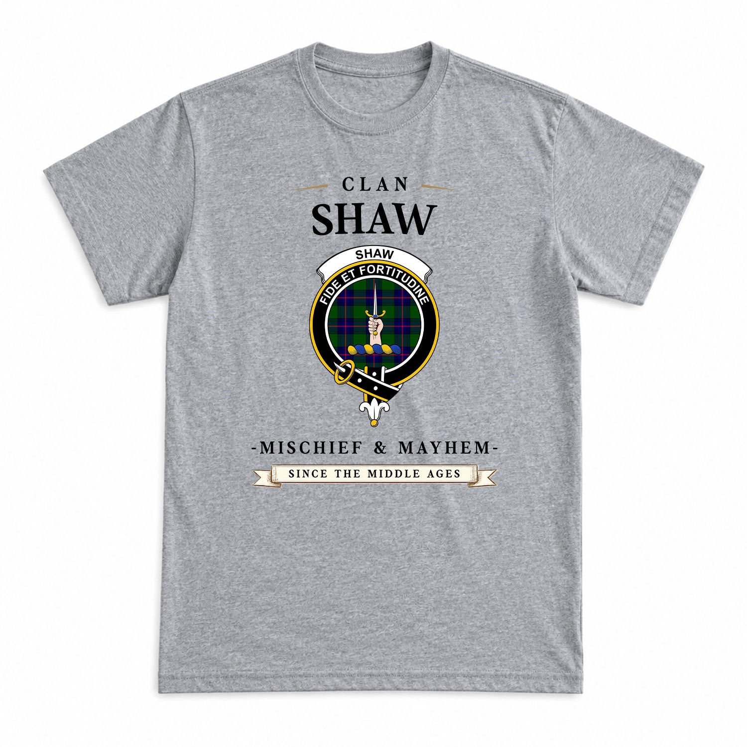 Shaw Modern Tartan Crest Mischief and Mayhem T-shirt