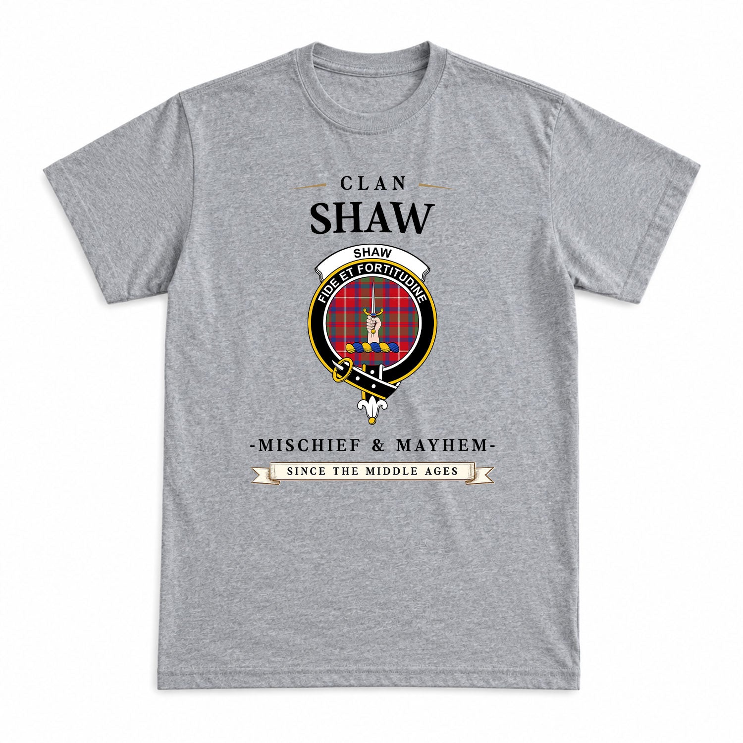 Shaw Red Modern Tartan Crest Mischief and Mayhem T-shirt