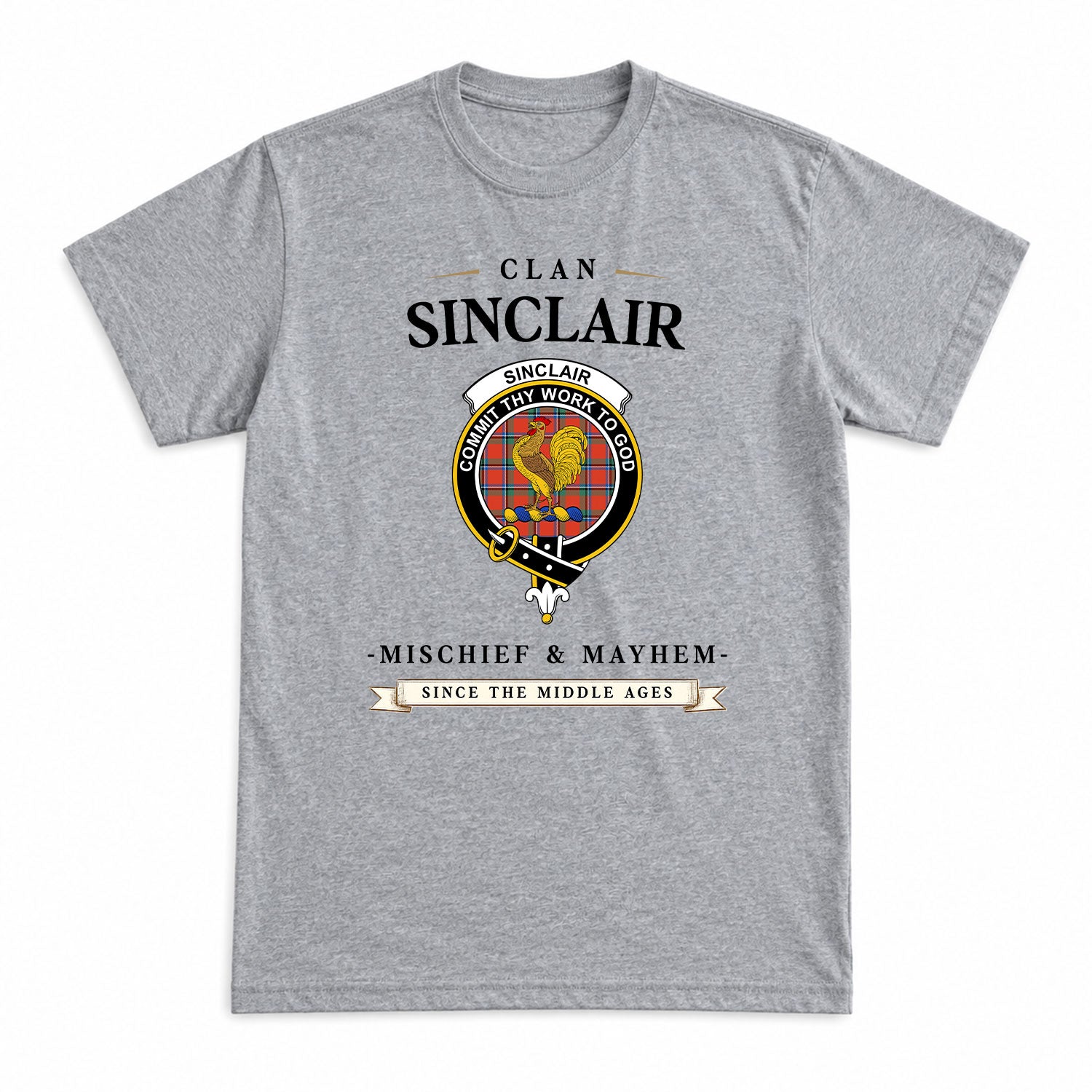 Sinclair Ancient Tartan Crest Mischief and Mayhem T-shirt