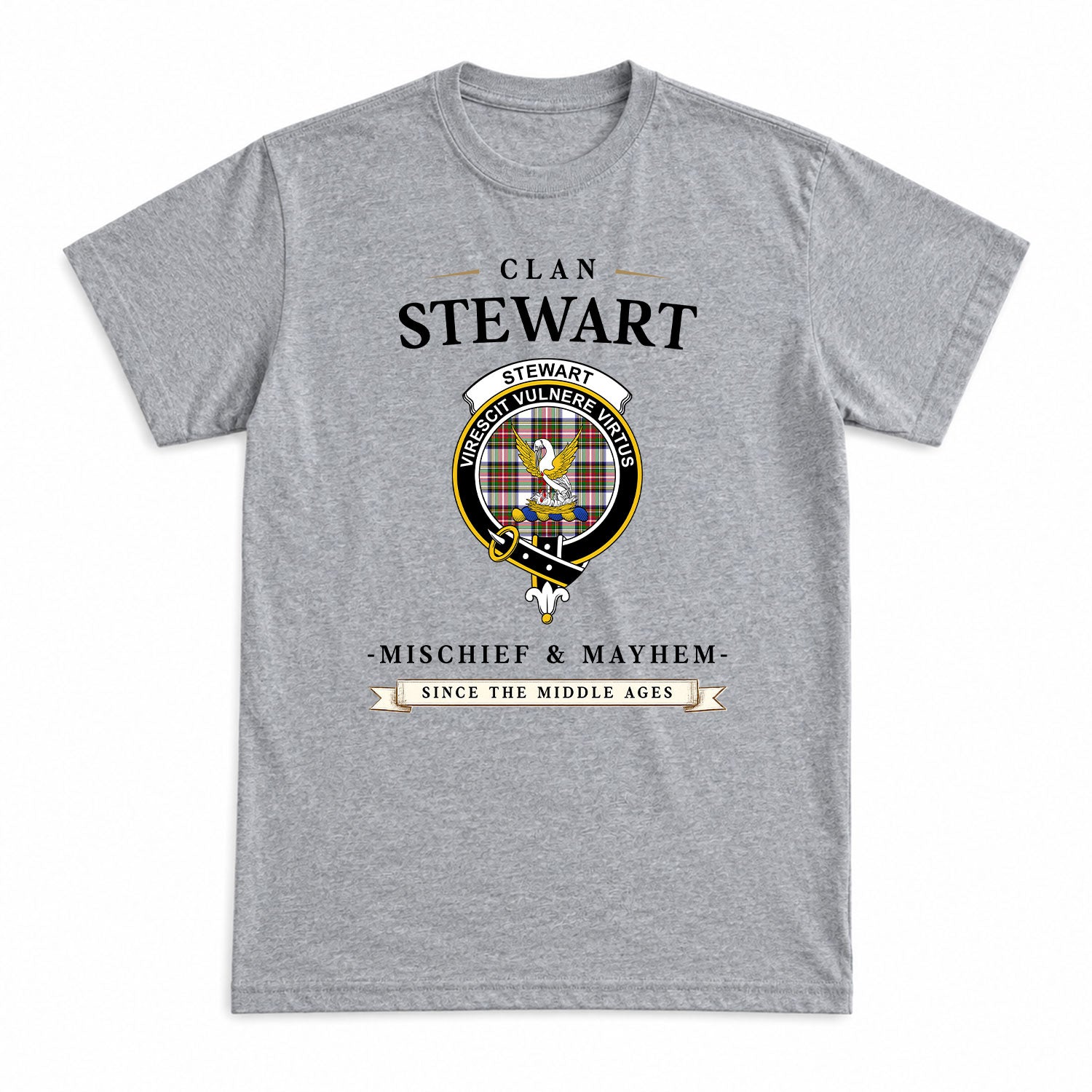 Stewart Dress Modern Tartan Crest Mischief and Mayhem T-shirt