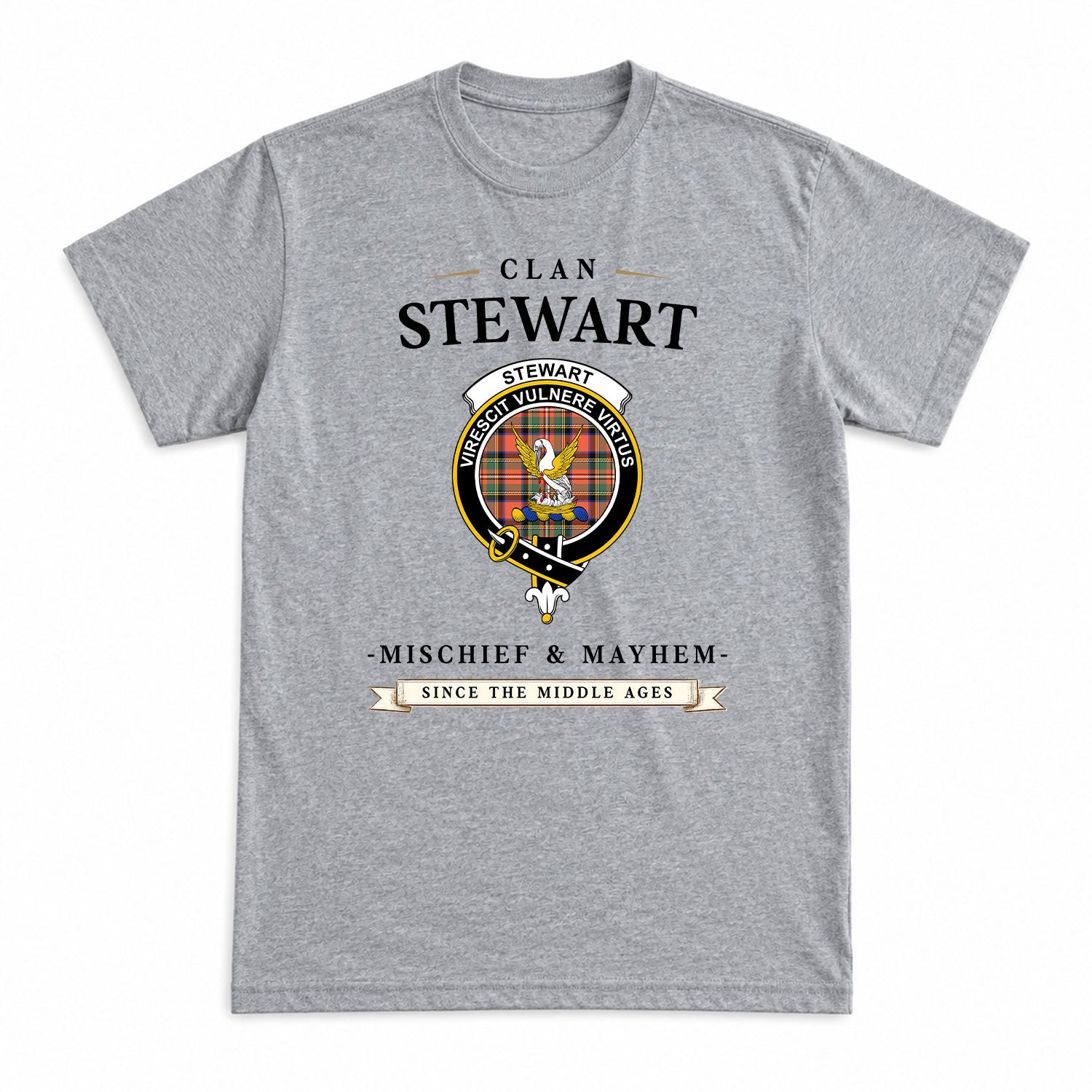 Stewart Royal Ancient Tartan Crest Mischief and Mayhem T-shirt
