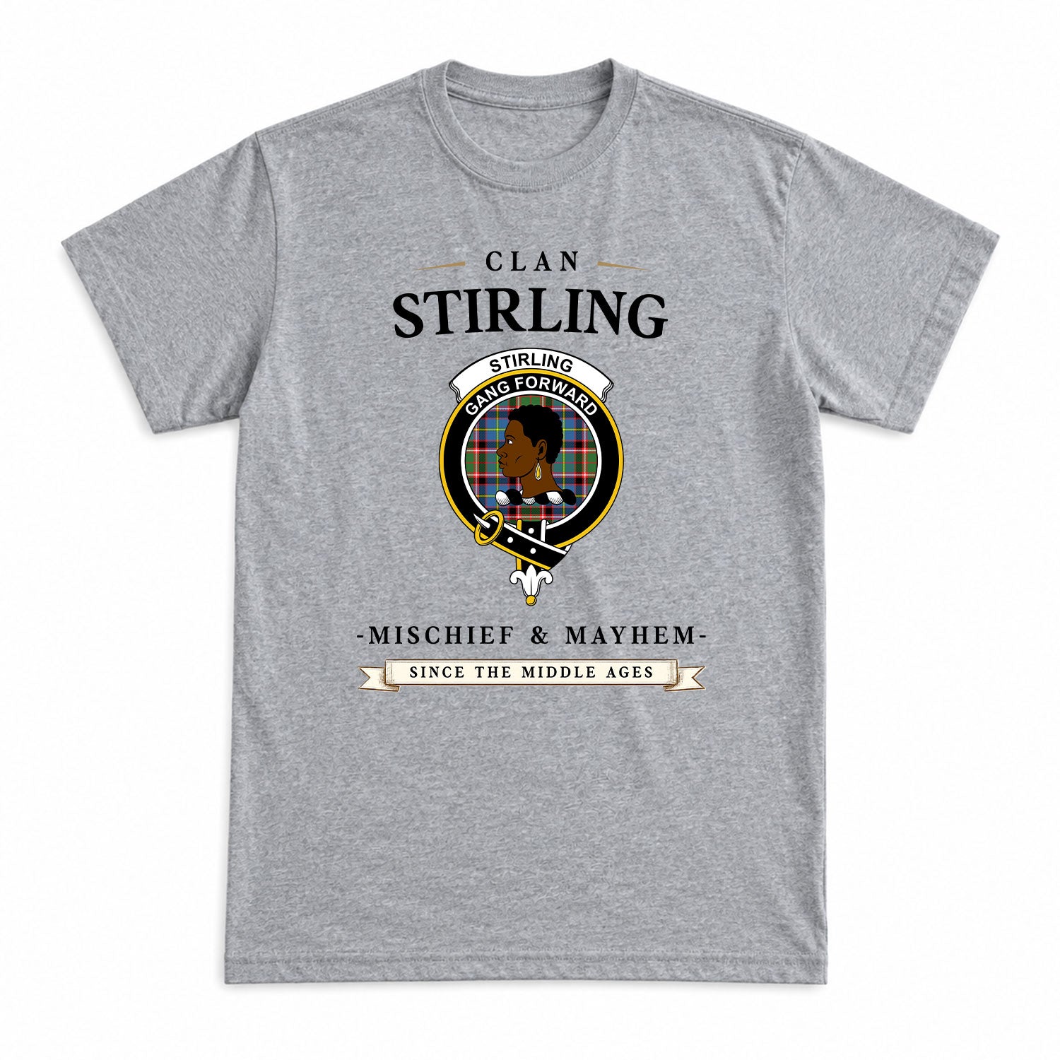 Stirling (of Keir) Tartan Crest Mischief and Mayhem T-shirt