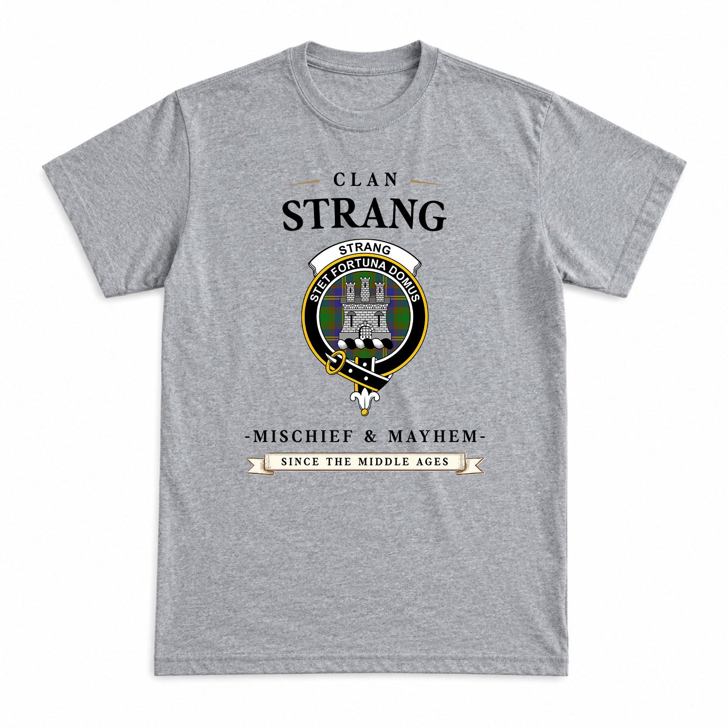 Strang (or Strange) Tartan Crest Mischief and Mayhem T-shirt