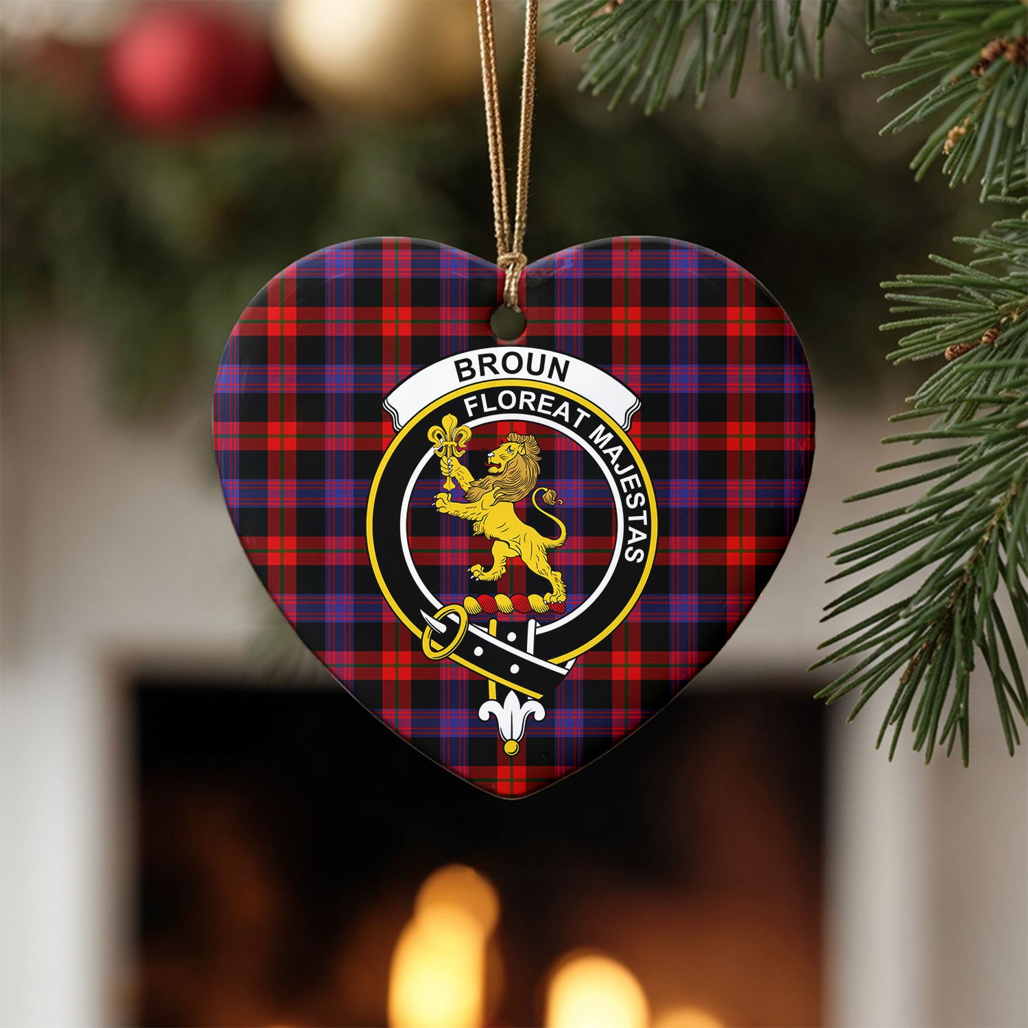 Broun Modern Tartan Crest Christmas Ceramic Ornament