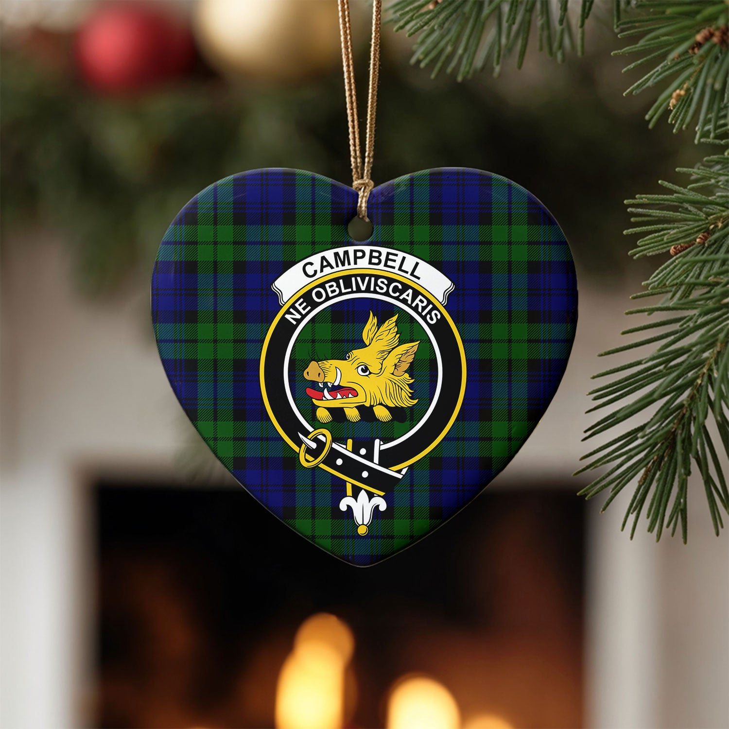 Campbell Modern Tartan Crest Christmas Ceramic Ornament