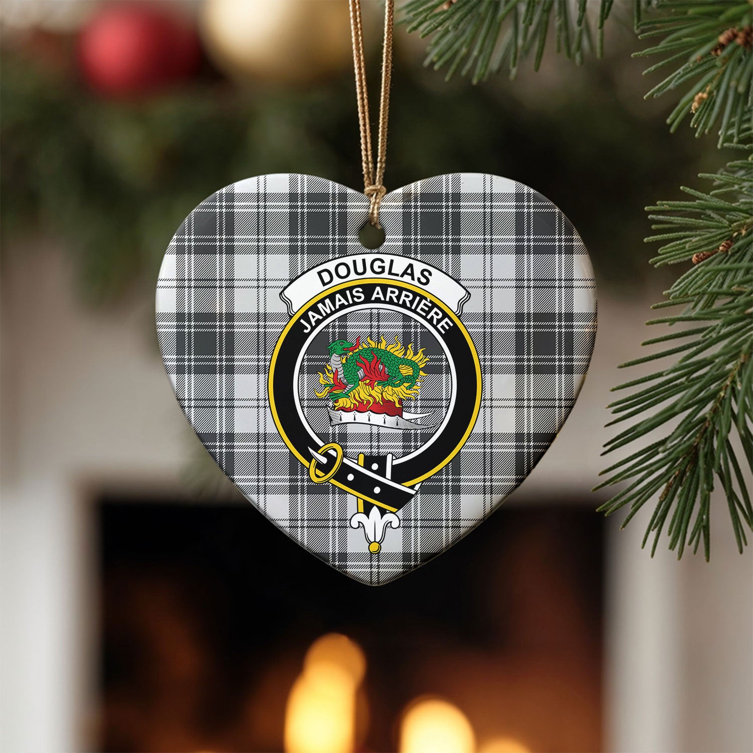Douglas Grey Modern Tartan Crest Christmas Ceramic Ornament