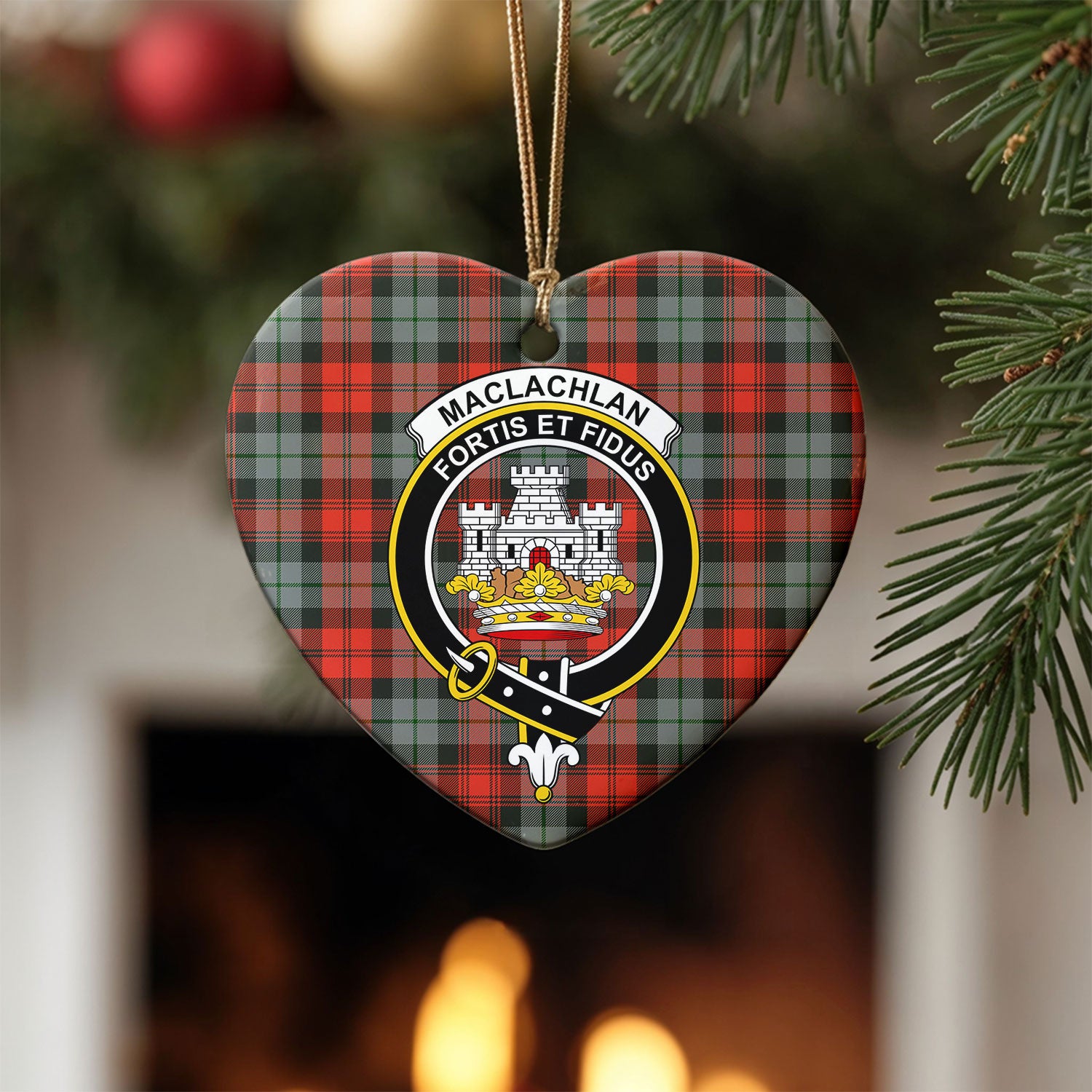 MacLachlan Weathered Tartan Crest Christmas Ceramic Ornament