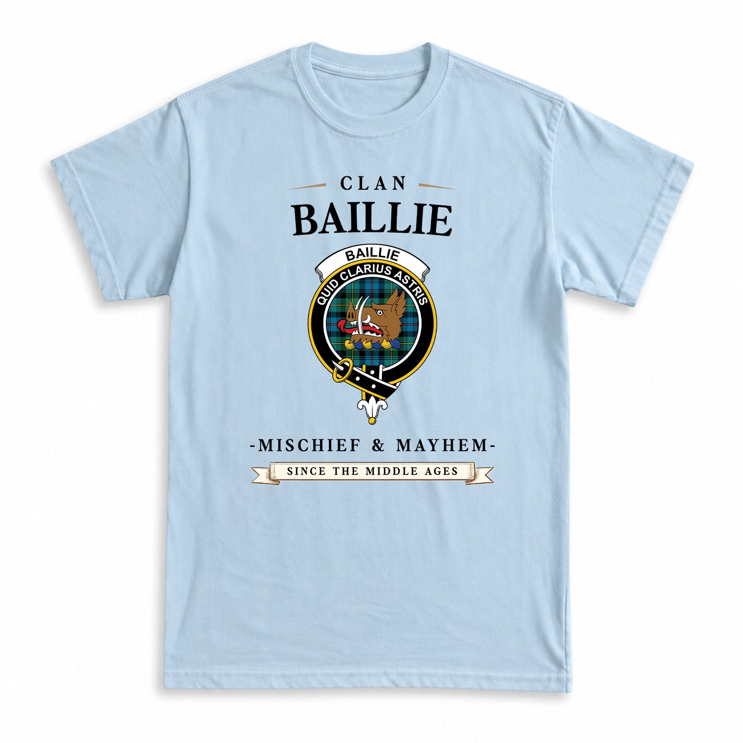 Baillie Ancient Tartan Crest Mischief and Mayhem T-shirt
