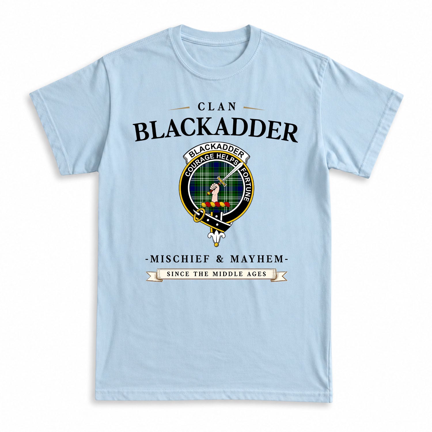 Blackadder Tartan Crest Mischief and Mayhem T-shirt
