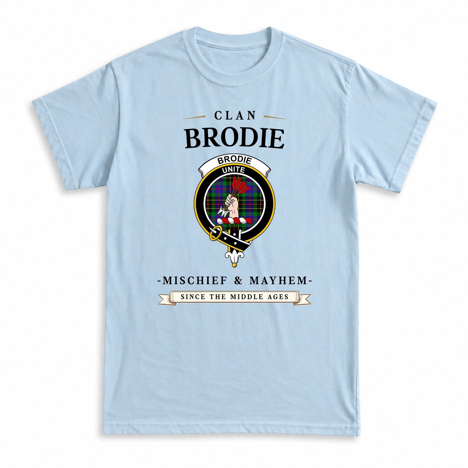 Brodie Hunting Modern Tartan Crest Mischief and Mayhem T-shirt