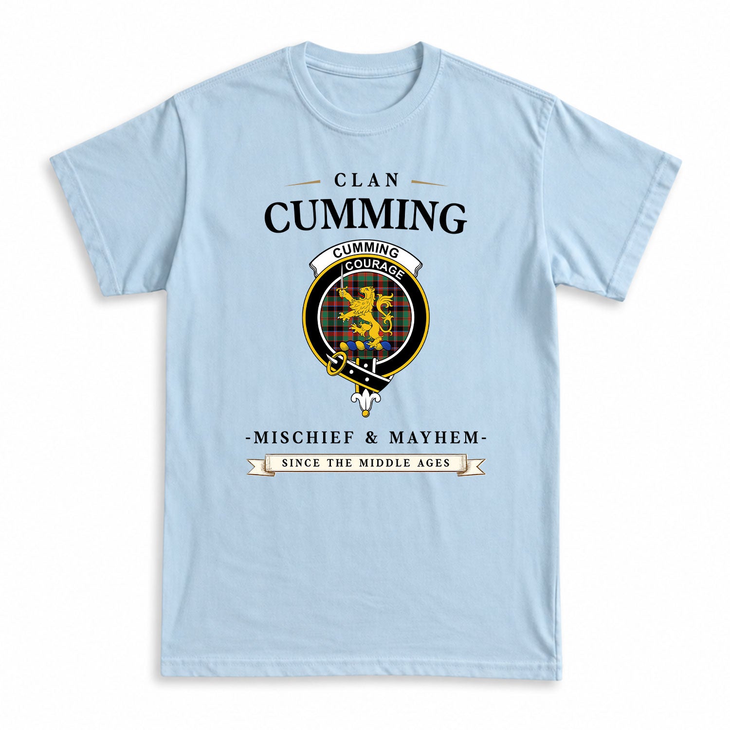 Cumming Hunting Ancient Tartan Crest Mischief and Mayhem T-shirt