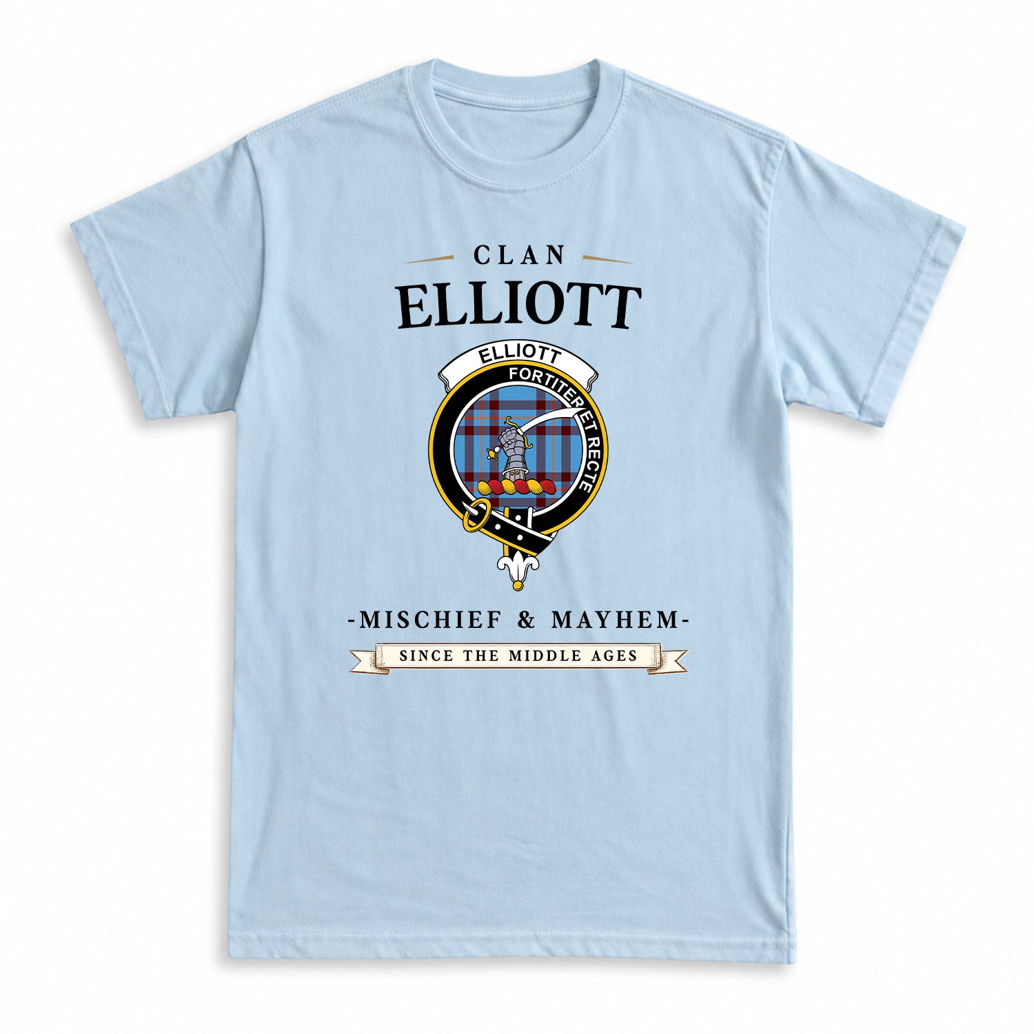 Elliott Ancient Tartan Crest Mischief and Mayhem T-shirt