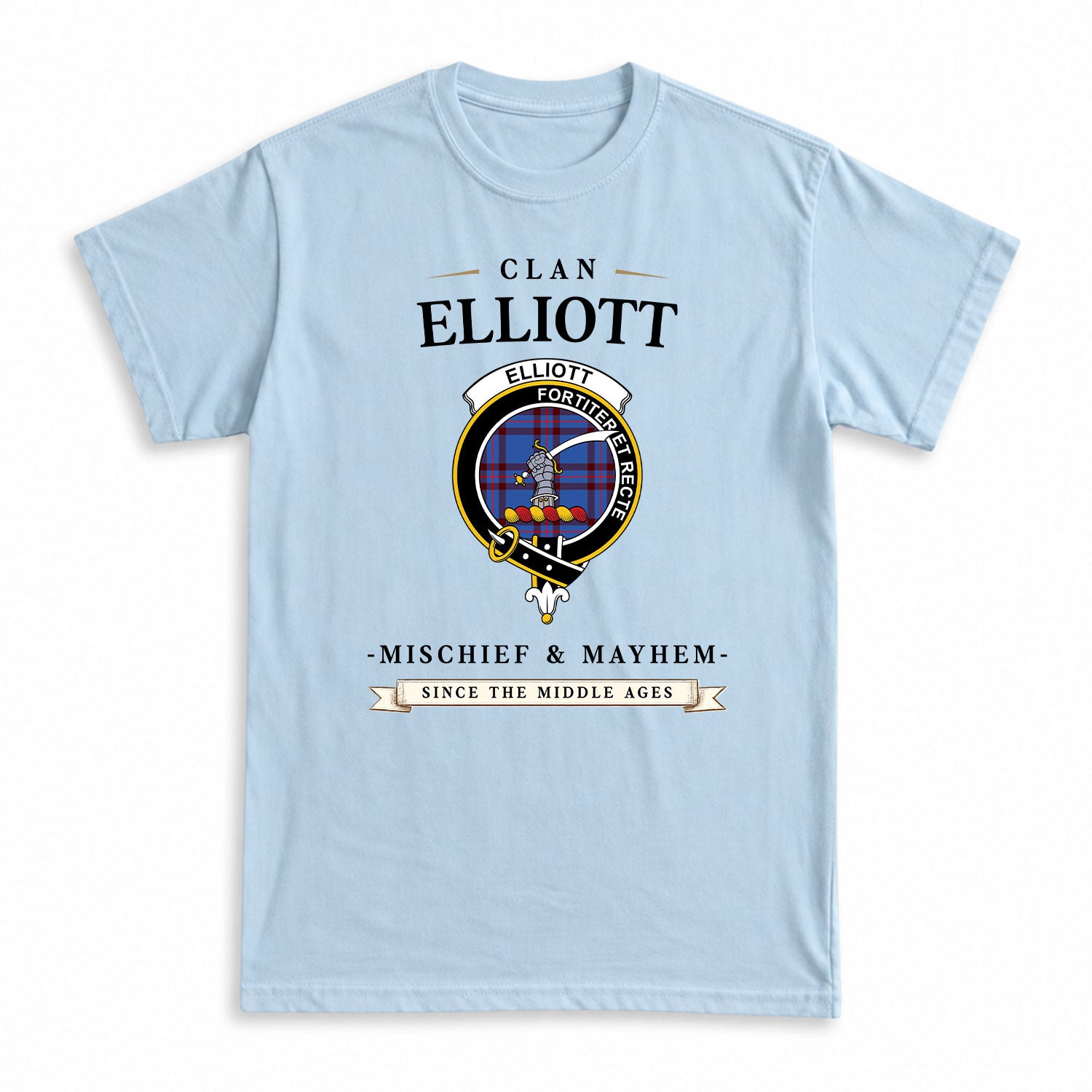 Elliott Modern Tartan Crest Mischief and Mayhem T-shirt