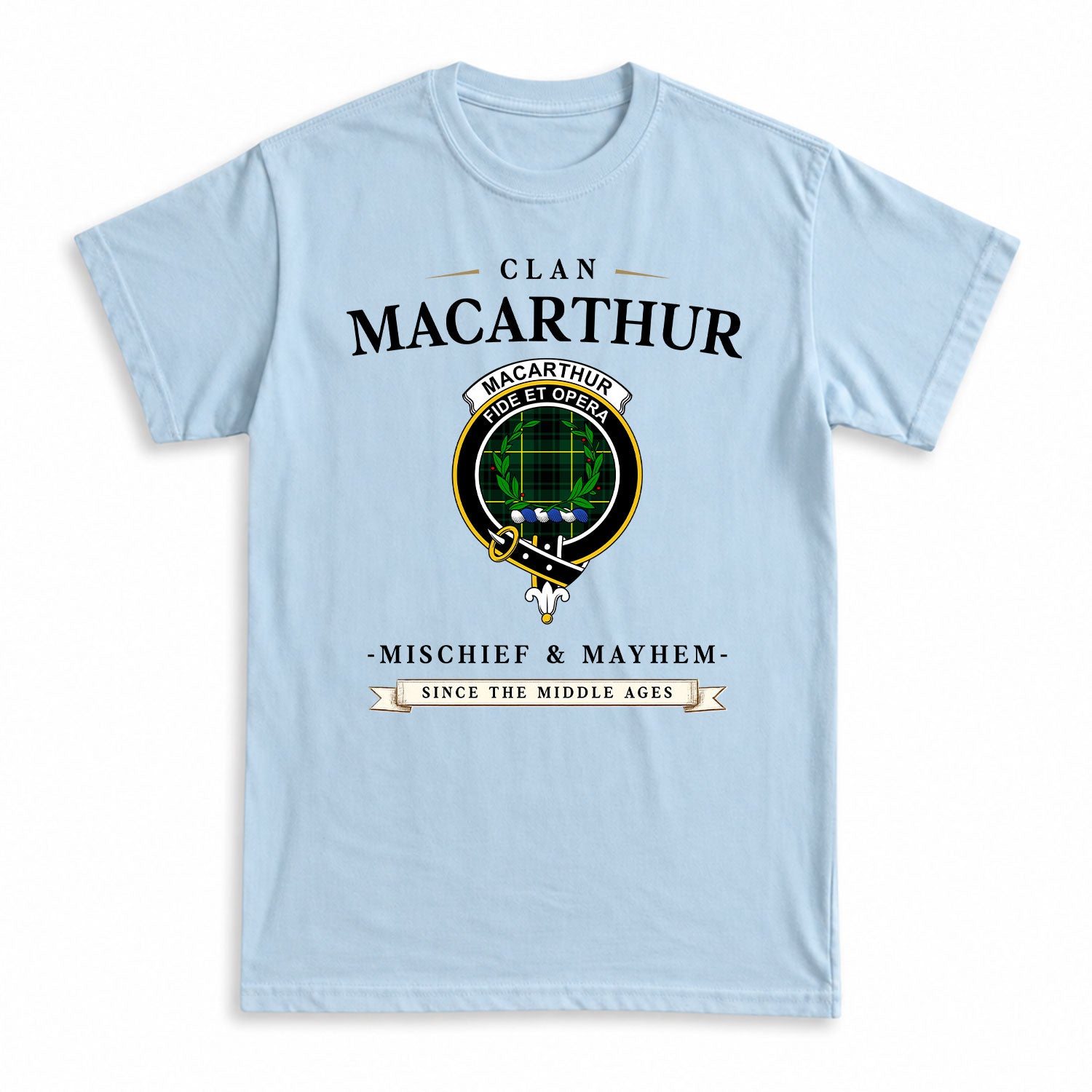 MacArthur Modern Tartan Crest Mischief and Mayhem T-shirt