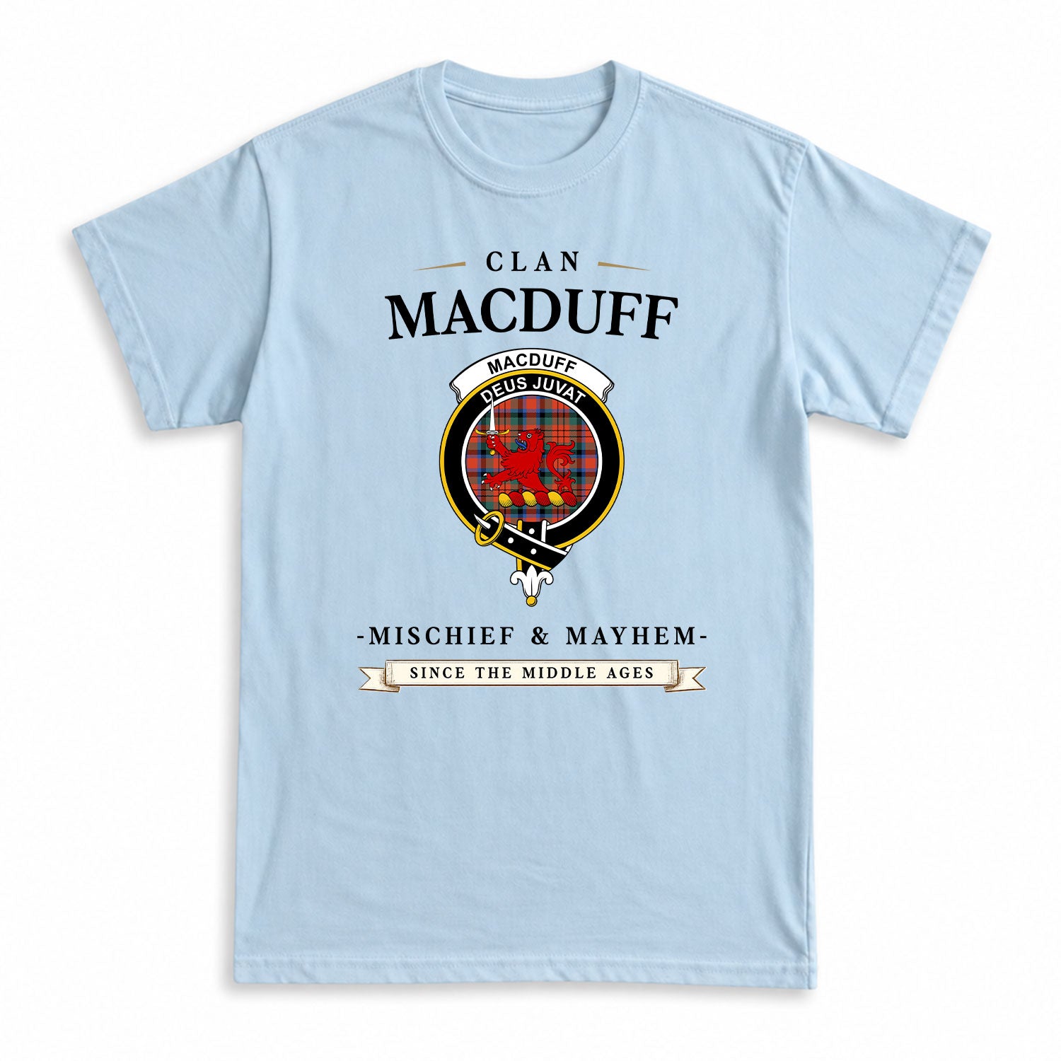 MacDuff Ancient Tartan Crest Mischief and Mayhem T-shirt
