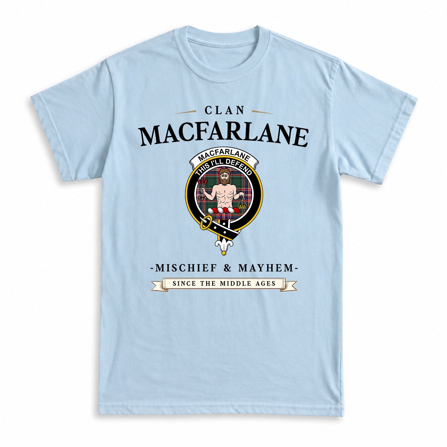 MacFarlane Hunting Modern Tartan Crest Mischief and Mayhem T-shirt