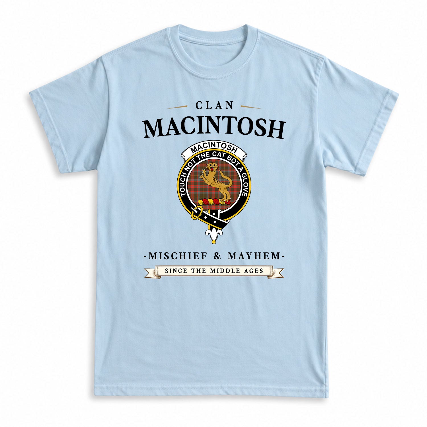 MacIntosh Hunting Weathered Tartan Crest Mischief and Mayhem T-shirt