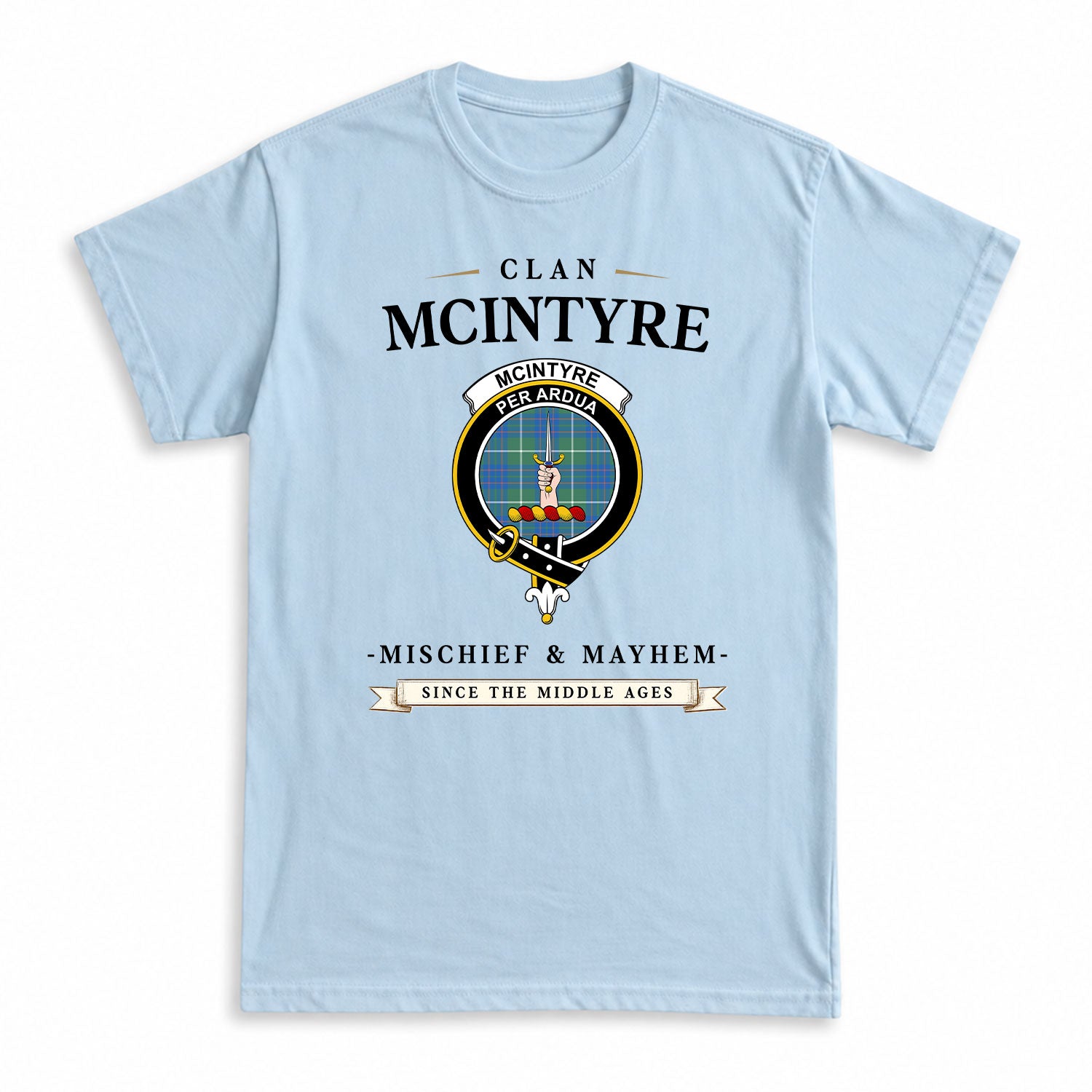 McIntyre Hunting Ancient Tartan Crest Mischief and Mayhem T-shirt