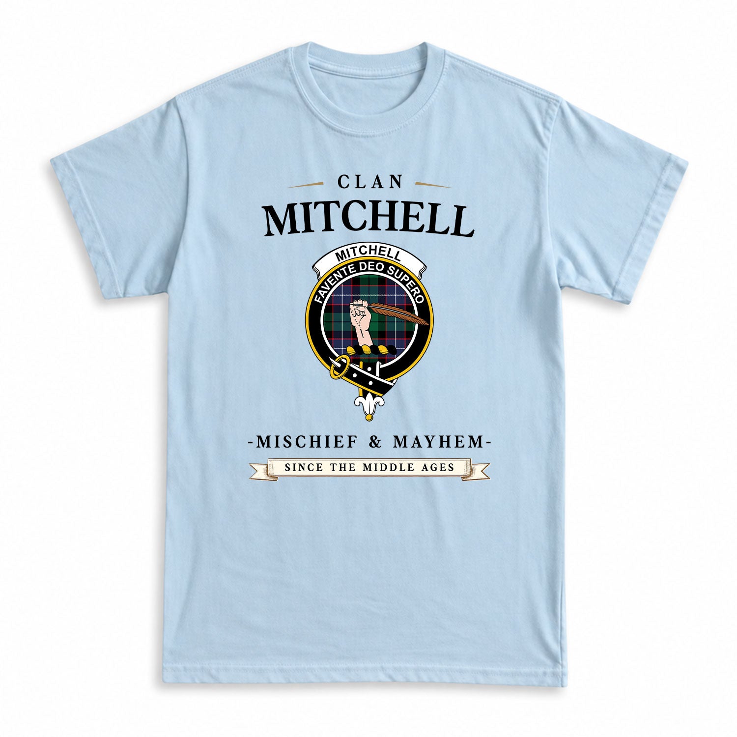 Mitchell Modern Tartan Crest Mischief and Mayhem T-shirt