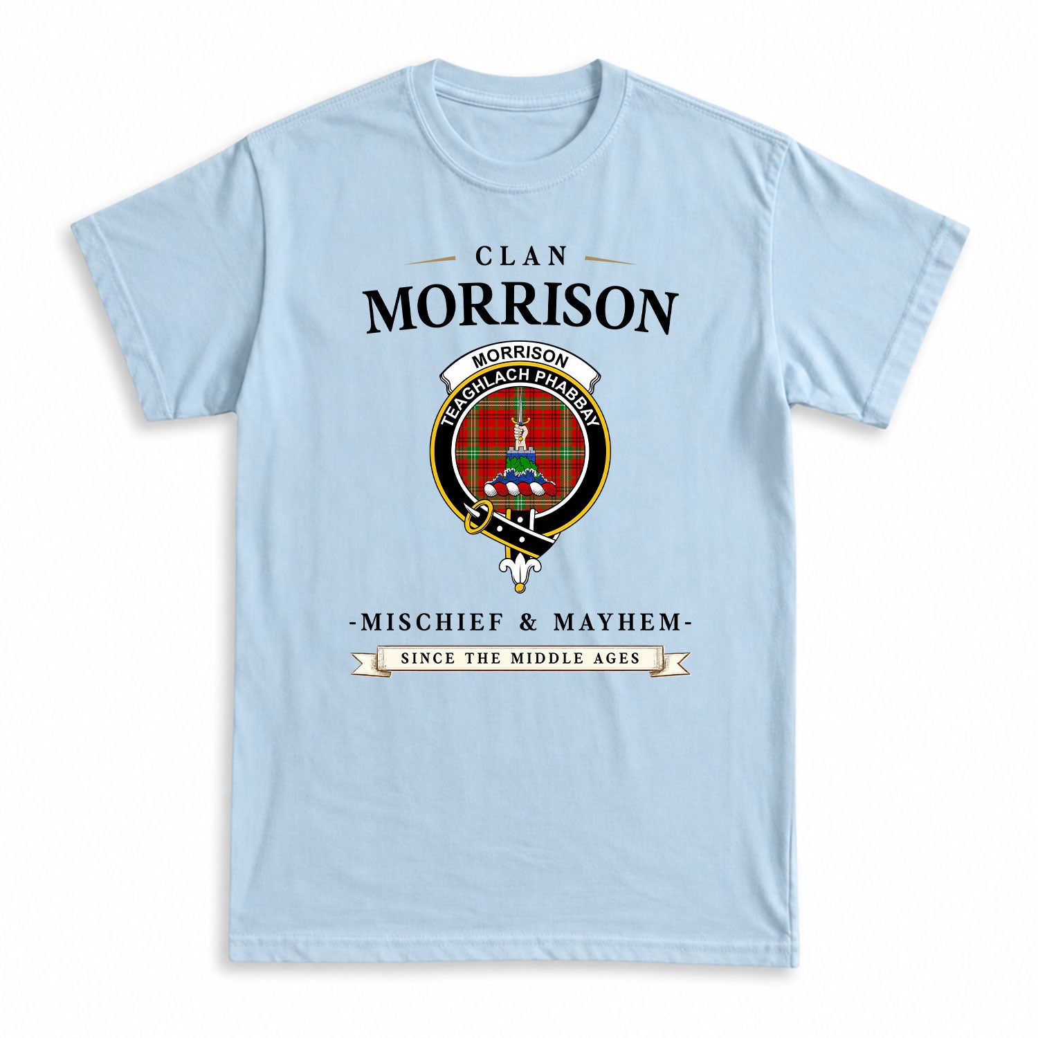 Morrison Red Modern Tartan Crest Mischief and Mayhem T-shirt