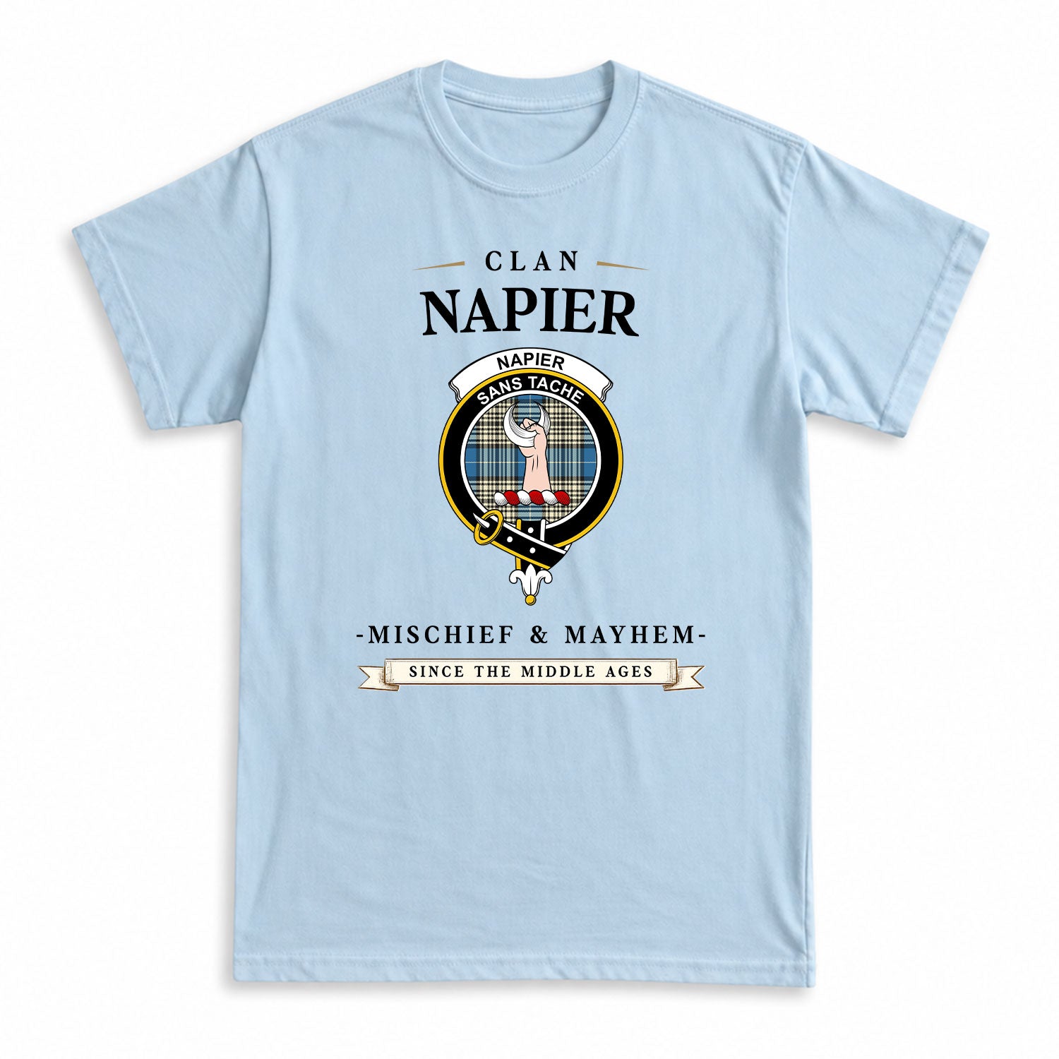 Napier Ancient Tartan Crest Mischief and Mayhem T-shirt