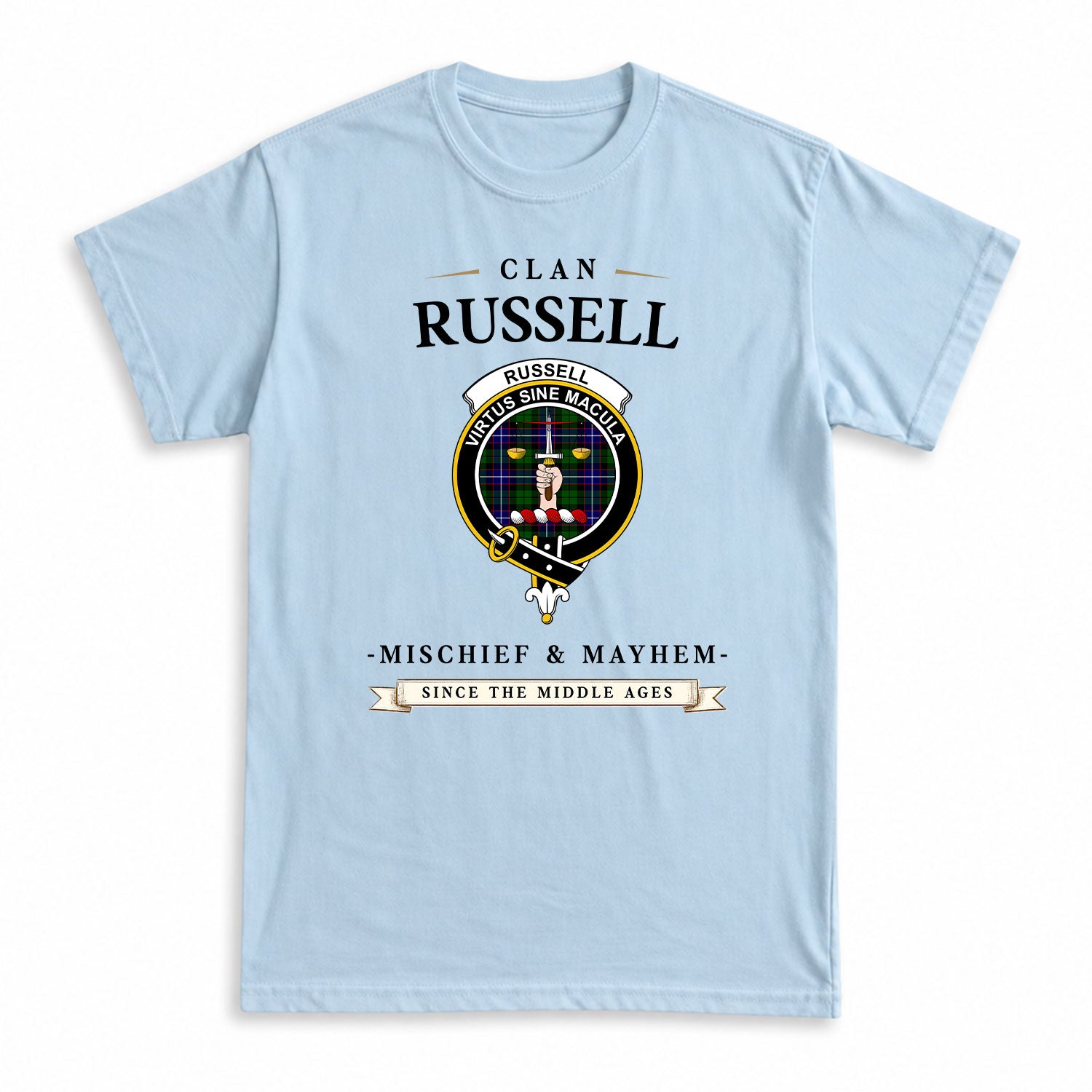 Russell Modern Tartan Crest Mischief and Mayhem T-shirt