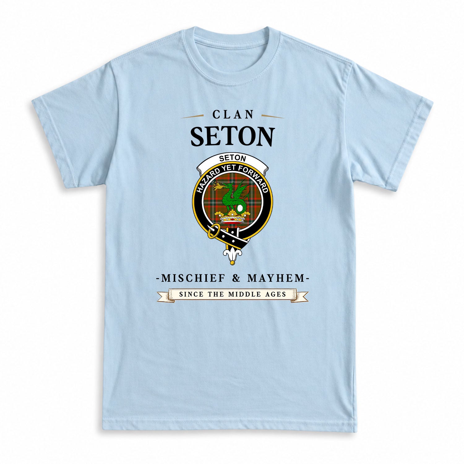 Seton Hunting Modern Tartan Crest Mischief and Mayhem T-shirt