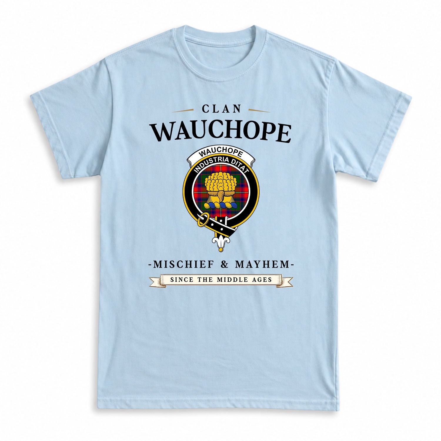 Wauchope (or Waugh) Tartan Crest Mischief and Mayhem T-shirt