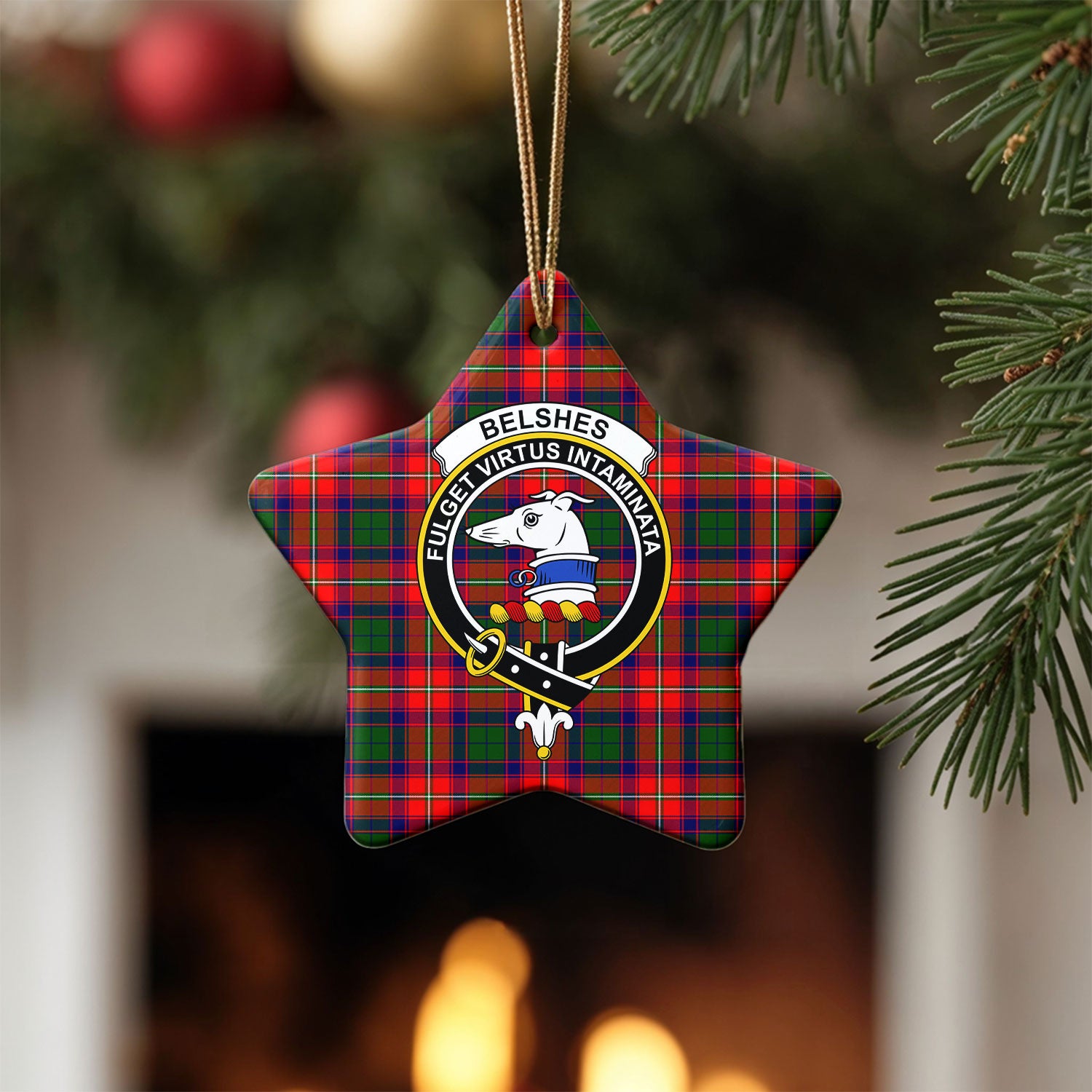 Belshes Tartan Crest Christmas Ceramic Ornament