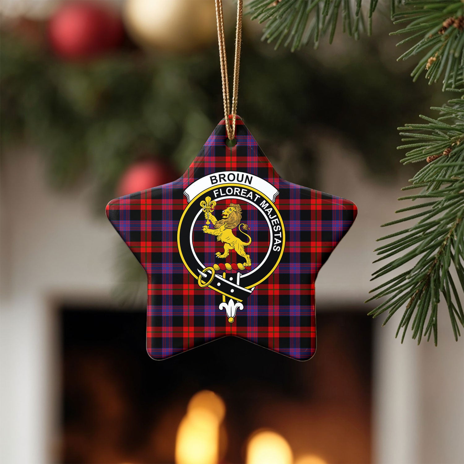 Broun Modern Tartan Crest Christmas Ceramic Ornament