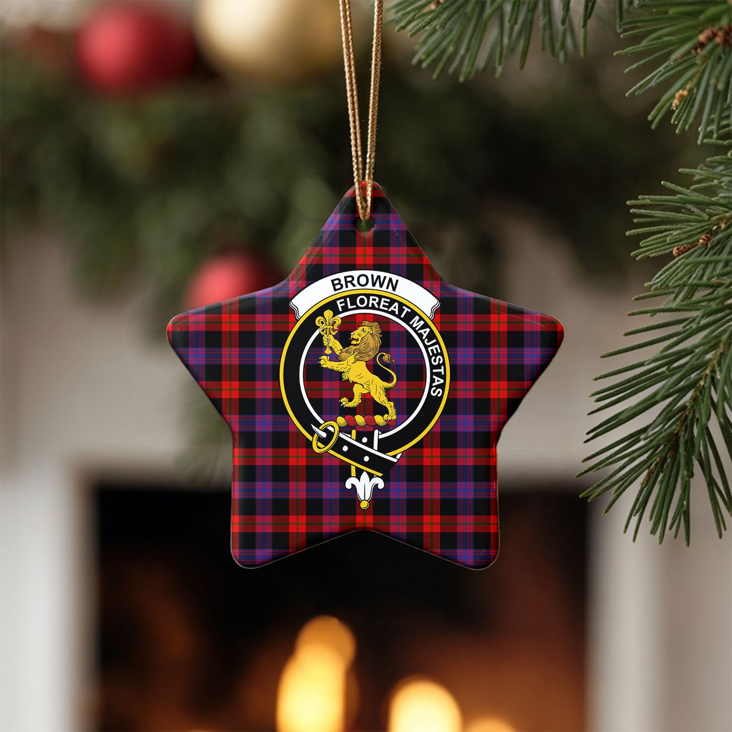Brown Modern Tartan Crest Christmas Ceramic Ornament