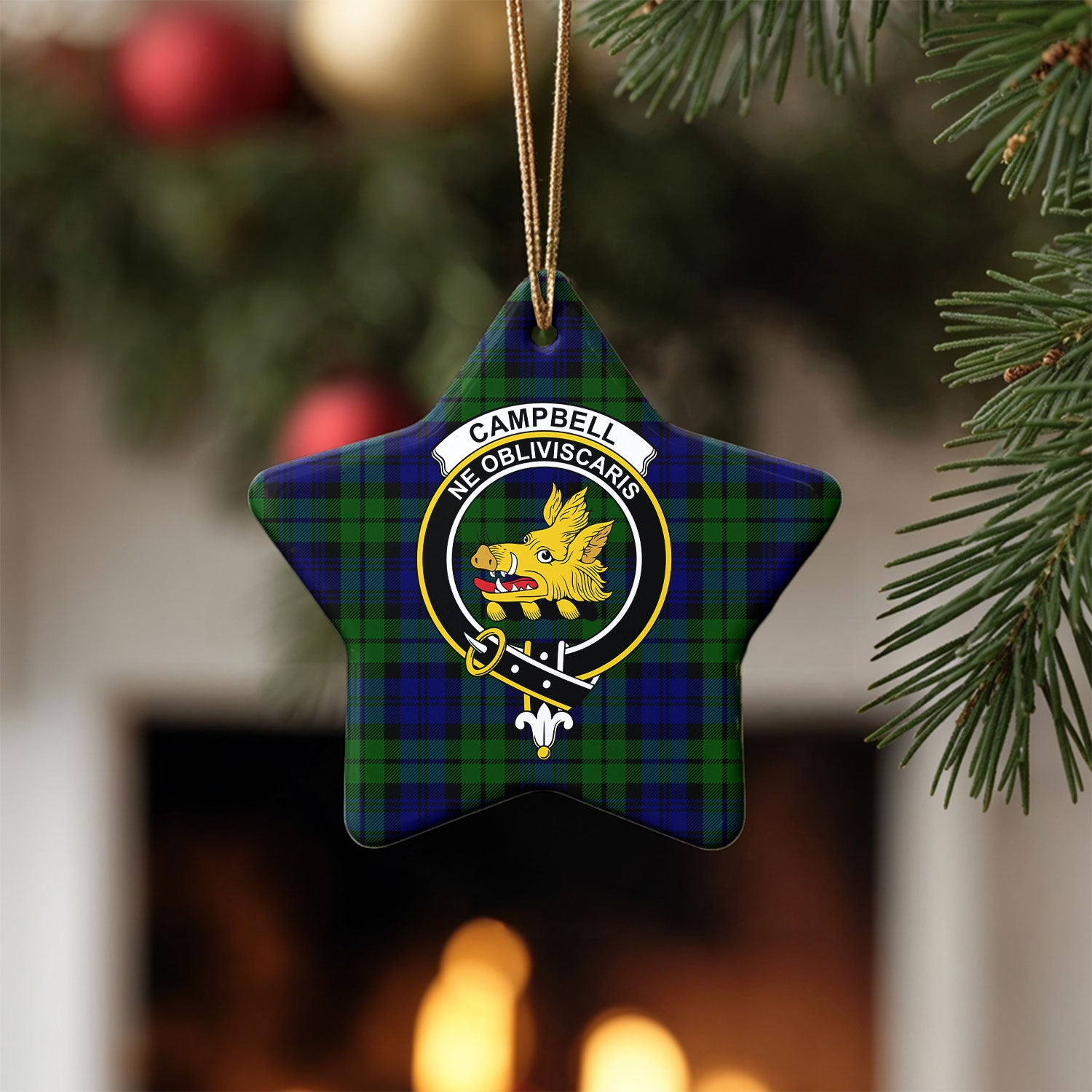 Campbell Modern Tartan Crest Christmas Ceramic Ornament
