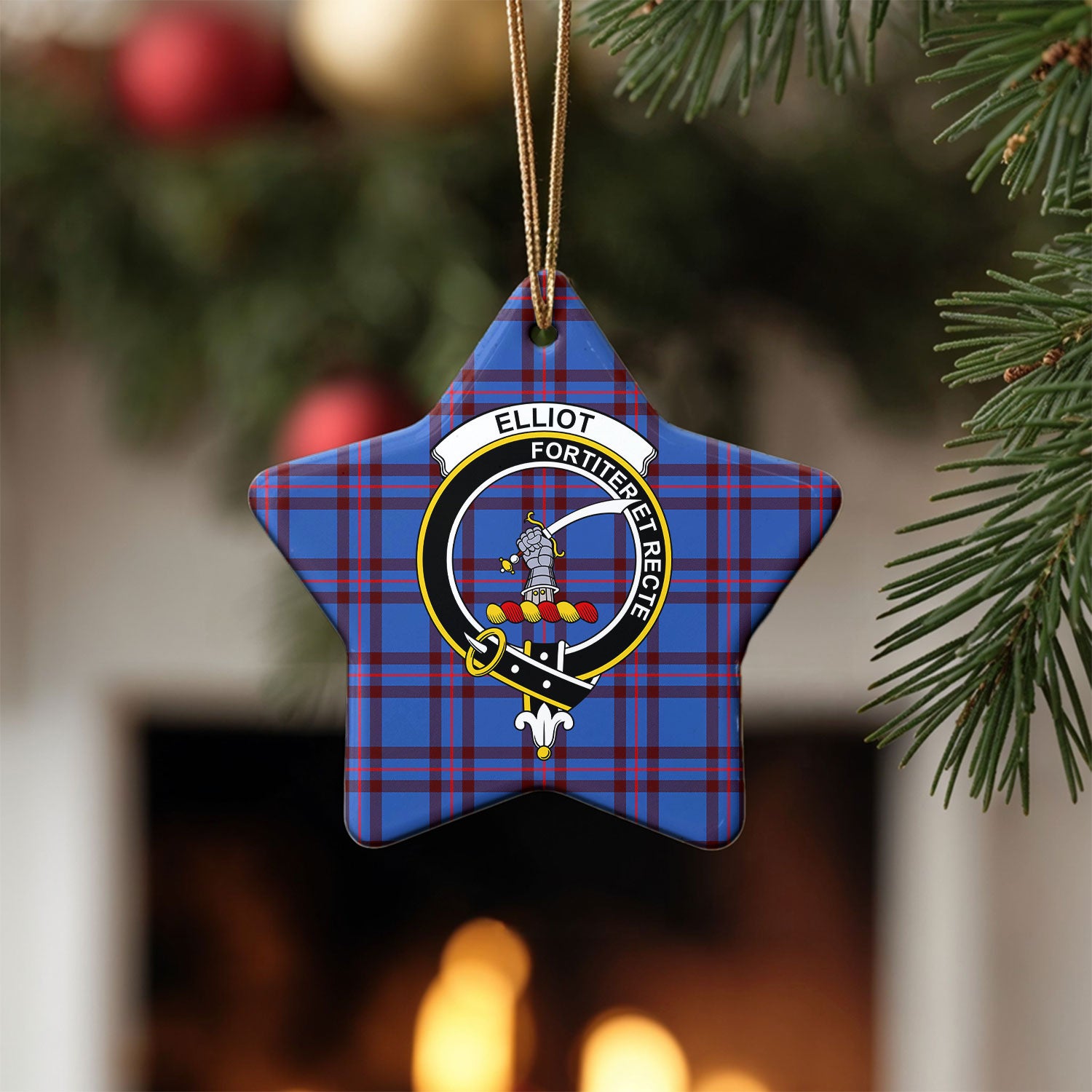 Elliot Modern Tartan Crest Christmas Ceramic Ornament