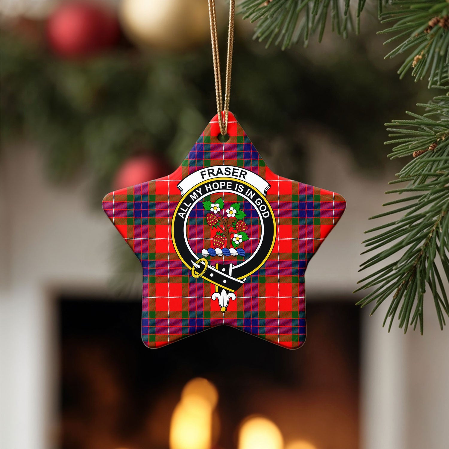 Fraser Tartan Crest Christmas Ceramic Ornament