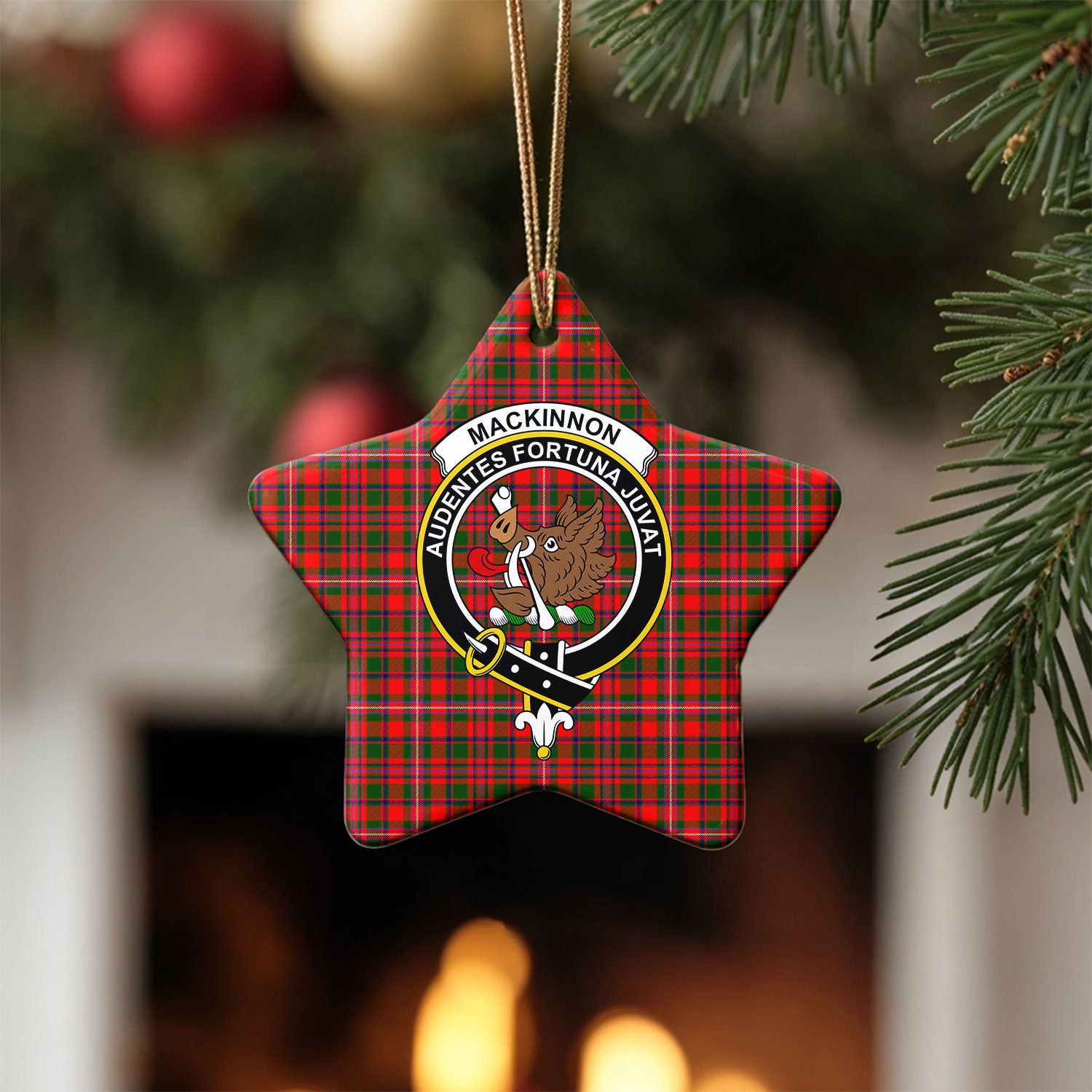 MacKinnon Modern Tartan Crest Christmas Ceramic Ornament