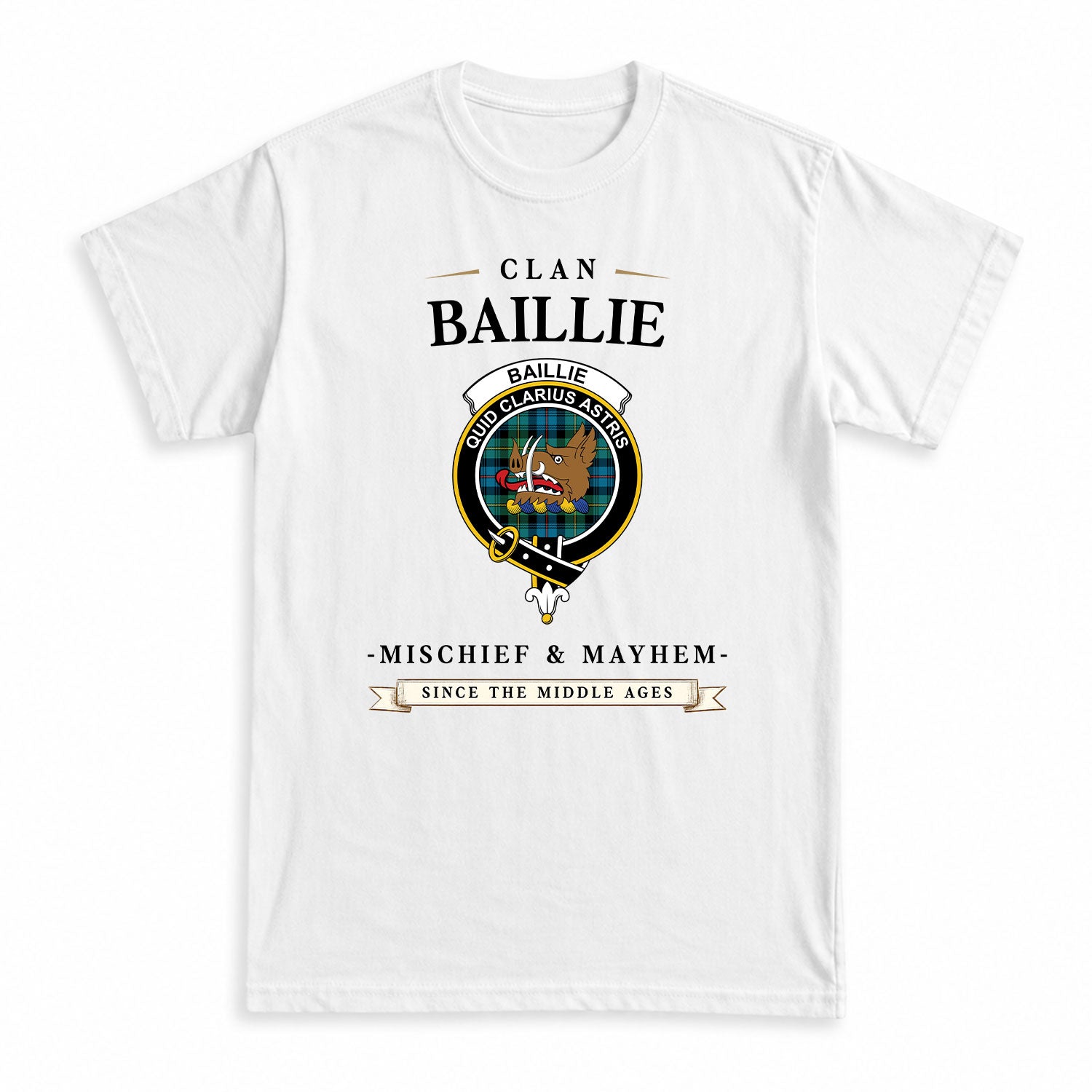 Baillie Ancient Tartan Crest Mischief and Mayhem T-shirt