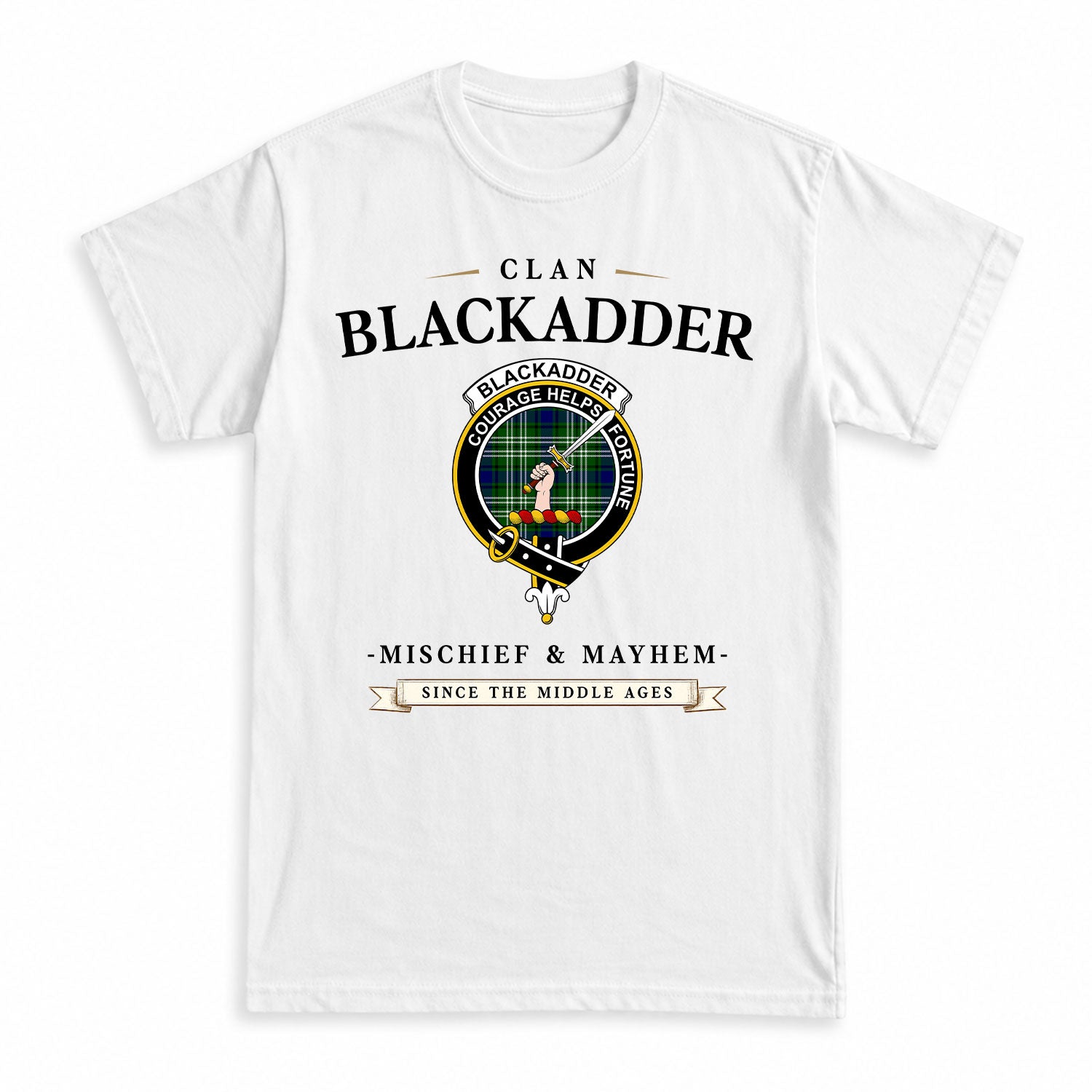 Blackadder Tartan Crest Mischief and Mayhem T-shirt